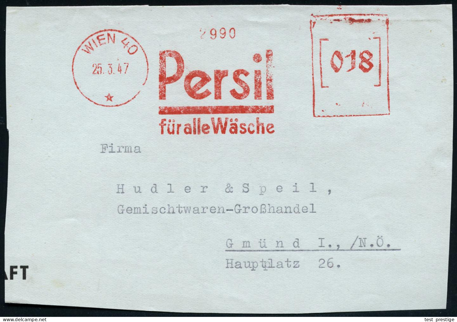 ÖSTERREICH 1947 (25.3.) Total Aptierter AFS Francotyp "Reichsadler": WIEN 40/*/Persil/für Alle Wäsche,  Reichsadler = En - Scheikunde
