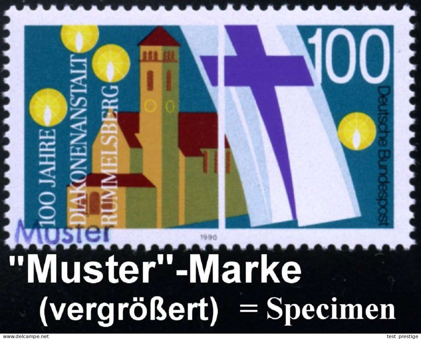 B.R.D. 1990 (Mai) 100 Pf. "100 Jahre Diakonieanstalt Rummelsberg" Mit Amtl. Handstempel  "M U S T E R" , Postfr. + Amtl. - Christianity