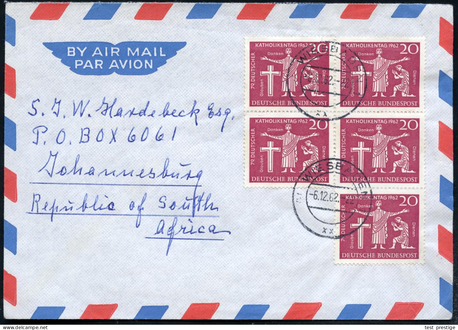 B.R.D. 1962 (6.12.) 20 Pf. "79. Deutscher Katholikentag, Hannover", Reine MeF: 5er-Block , Sauber , Zentr. Gest. Übersee - Christianity