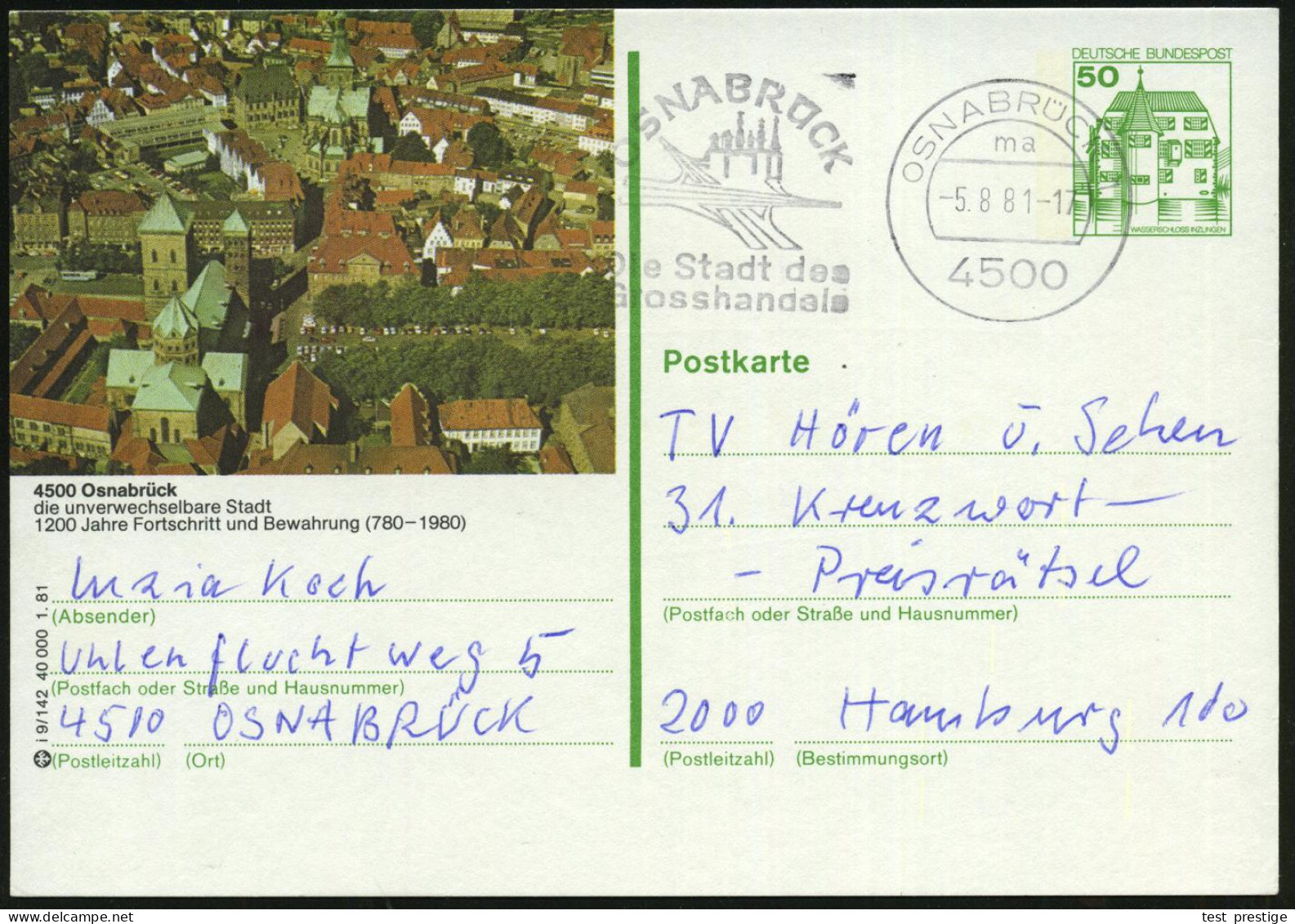 4500 Osnabrück 1981 (2.11.) 50 Pf. BiP Burgen, Grün: 1200 Jahre ..(780-1980) = Altstadt Mit Domen + Ortsgleicher MWSt. O - Andere & Zonder Classificatie