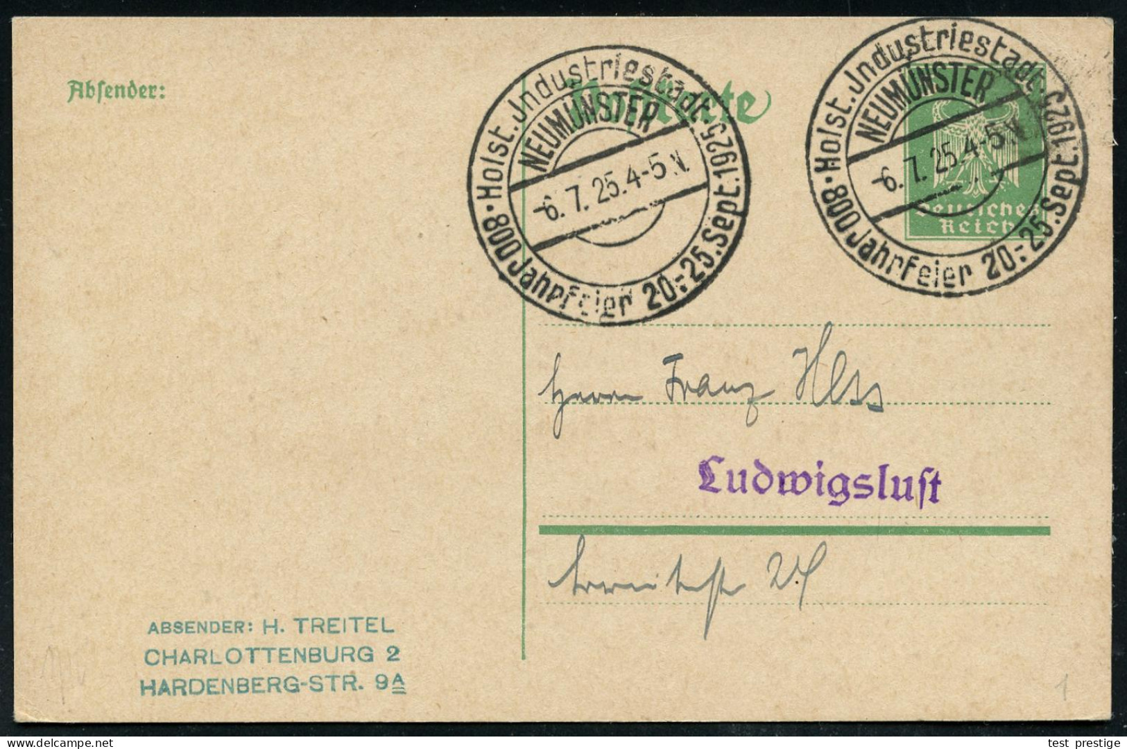 NEUMÜNSTER/ 800 Jahrfeier 20.-25.Sept. 1925 (6.7.) Seltener HWSt Klar Auf Inl.-Karte (Bo.1 , Ty.I = Ohne UB) - DEUTSCHE  - Sonstige & Ohne Zuordnung