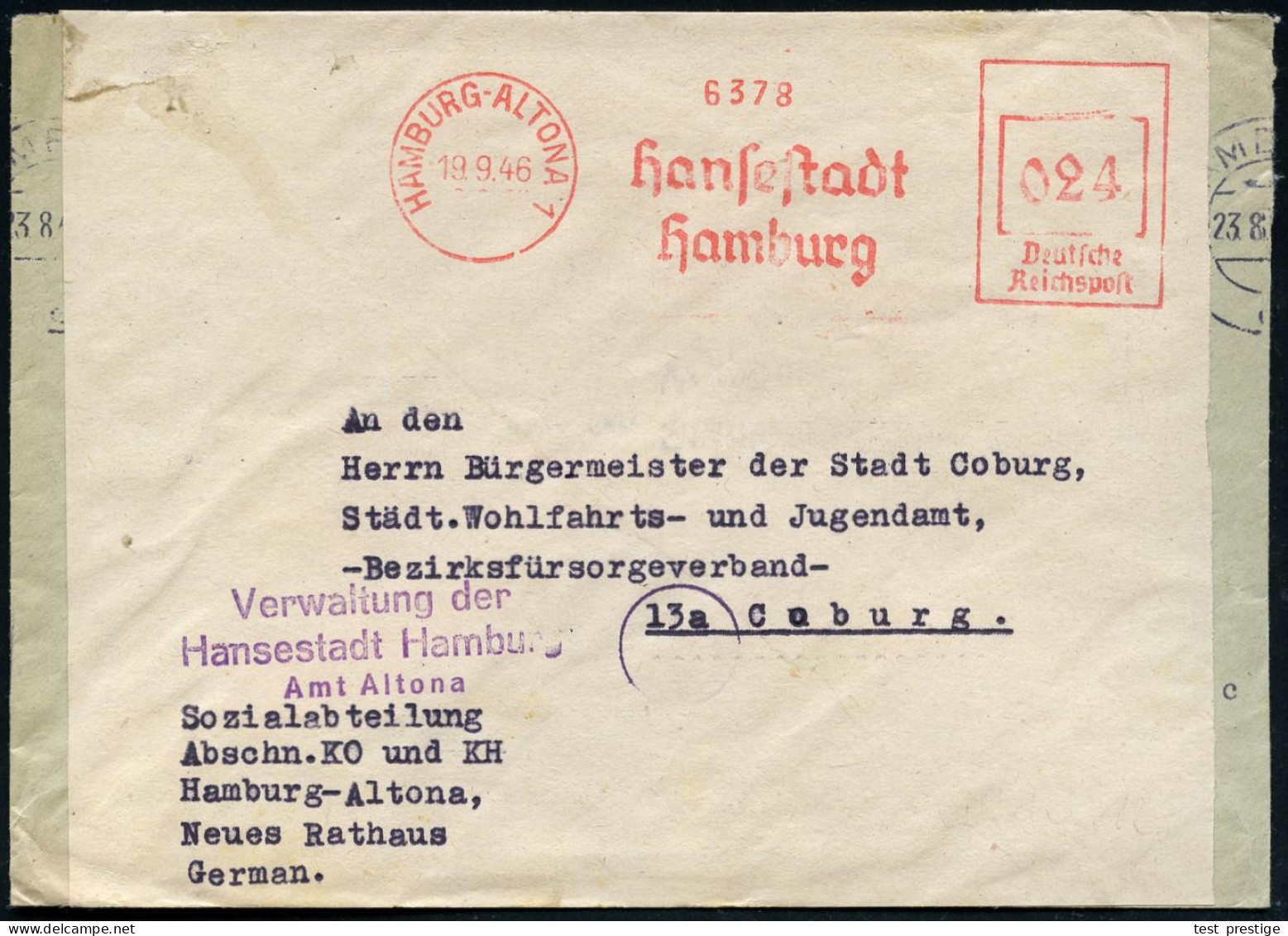 HAMBURG-ALTONA 1/ Hansestadt/ Hamburg 1946 (19.9.) Aptierter AFS Francotyp "Reichsadler" = Entfernt! = Notmaßnahme! , Vi - Other & Unclassified