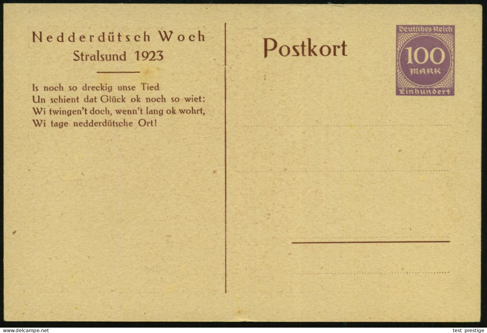 Stralsund 1923 PP 100 Mk. Ziffer, Lila: Nedderdüt'sch Woch/ Is Noch So Dreckig Unsre Tied.. Mit Plattdeutschem Gedicht ( - Other & Unclassified