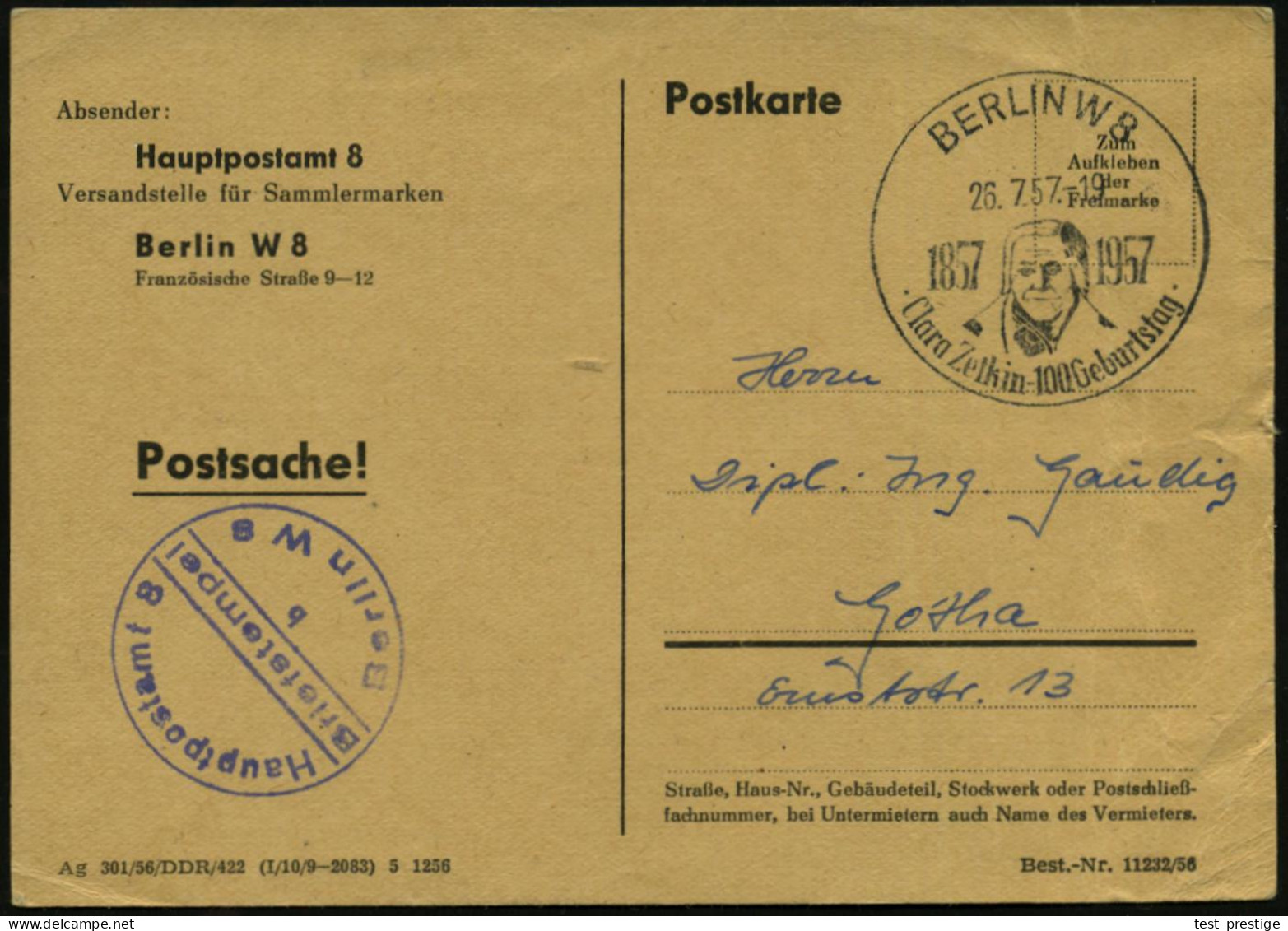 BERLIN W8/ 1857../ Clara Zetkin 100.Geburtstag 1957 (26.7.) HWSt = Brustbild Zetkin + Viol. 1K-HdN.: HAUPTPOSTAMT 8.., P - Other & Unclassified
