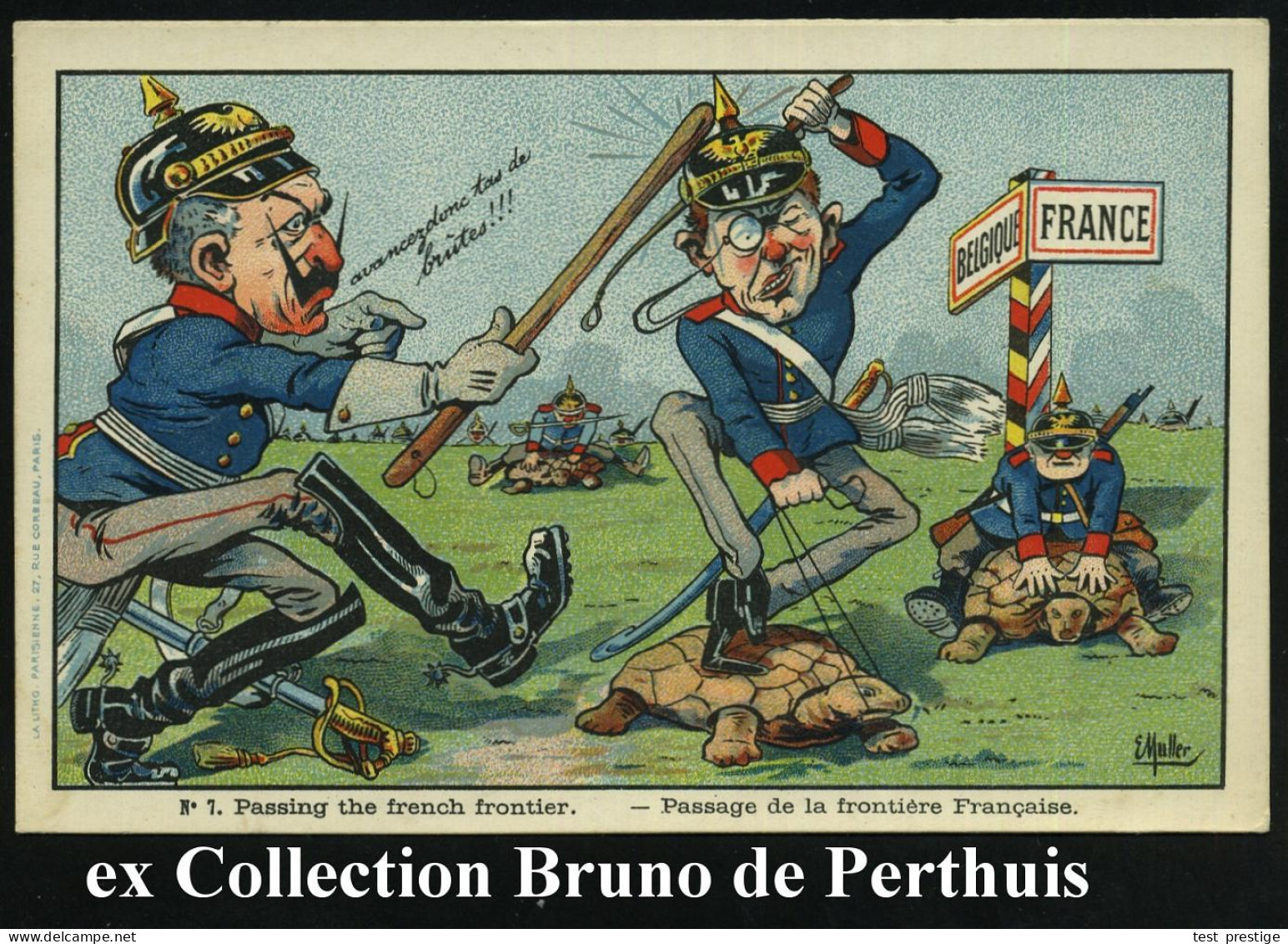 FRANKREICH 1914 Color-Litho-Propgaganda-Künstler-Ak. No.7: Überqueren Der Französ. Front , Soldaten Auf Schildkröten! U. - Altri & Non Classificati