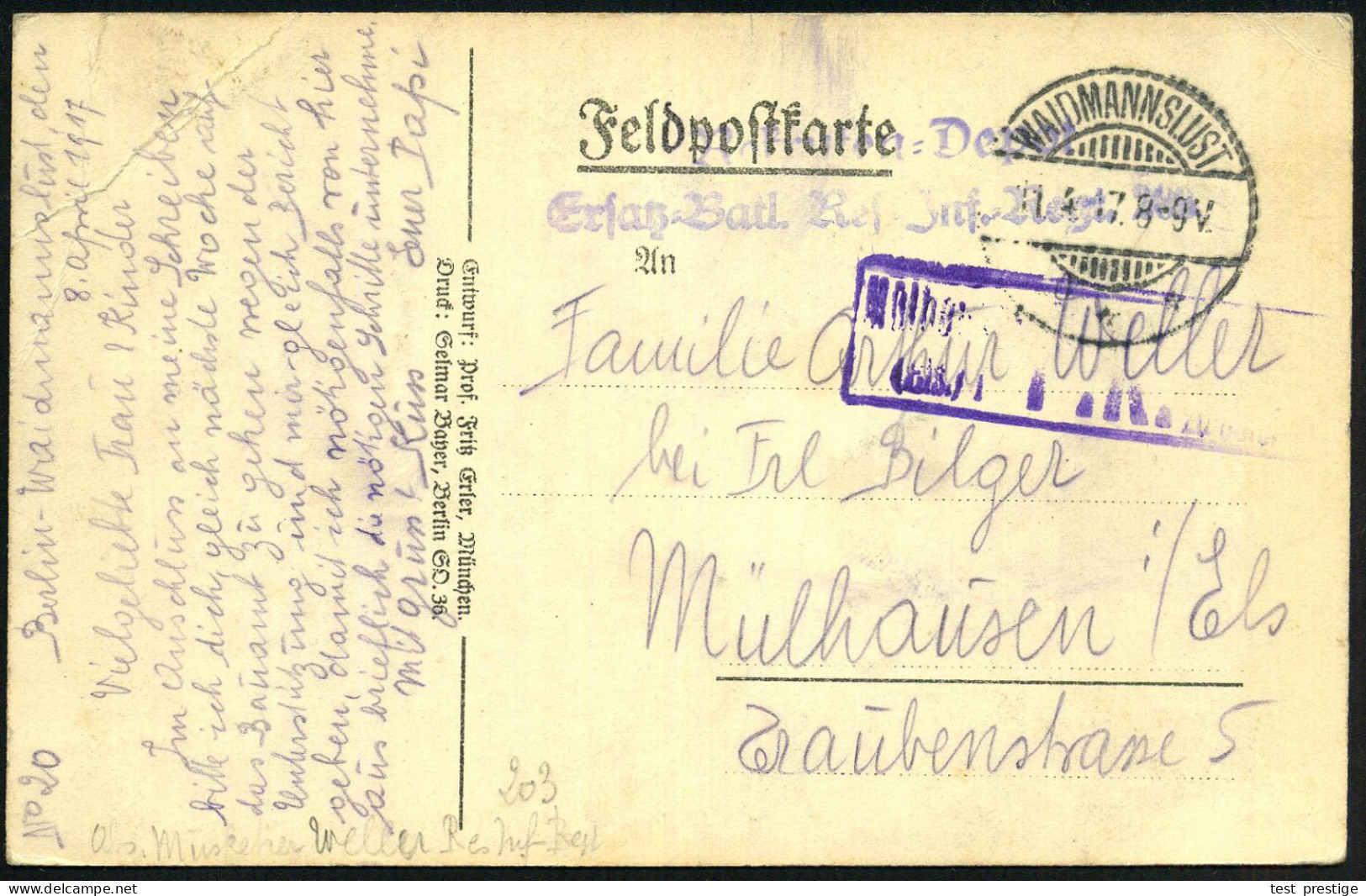 Berlin-Waidmannslust 1917 (11.4.) 1K-Gitter: WAIDMANNSLUST/*** + 2L: Jnf.Reg.203 + Zensur-Ra. (Mühlhausen) Teils Undeutl - 1. Weltkrieg