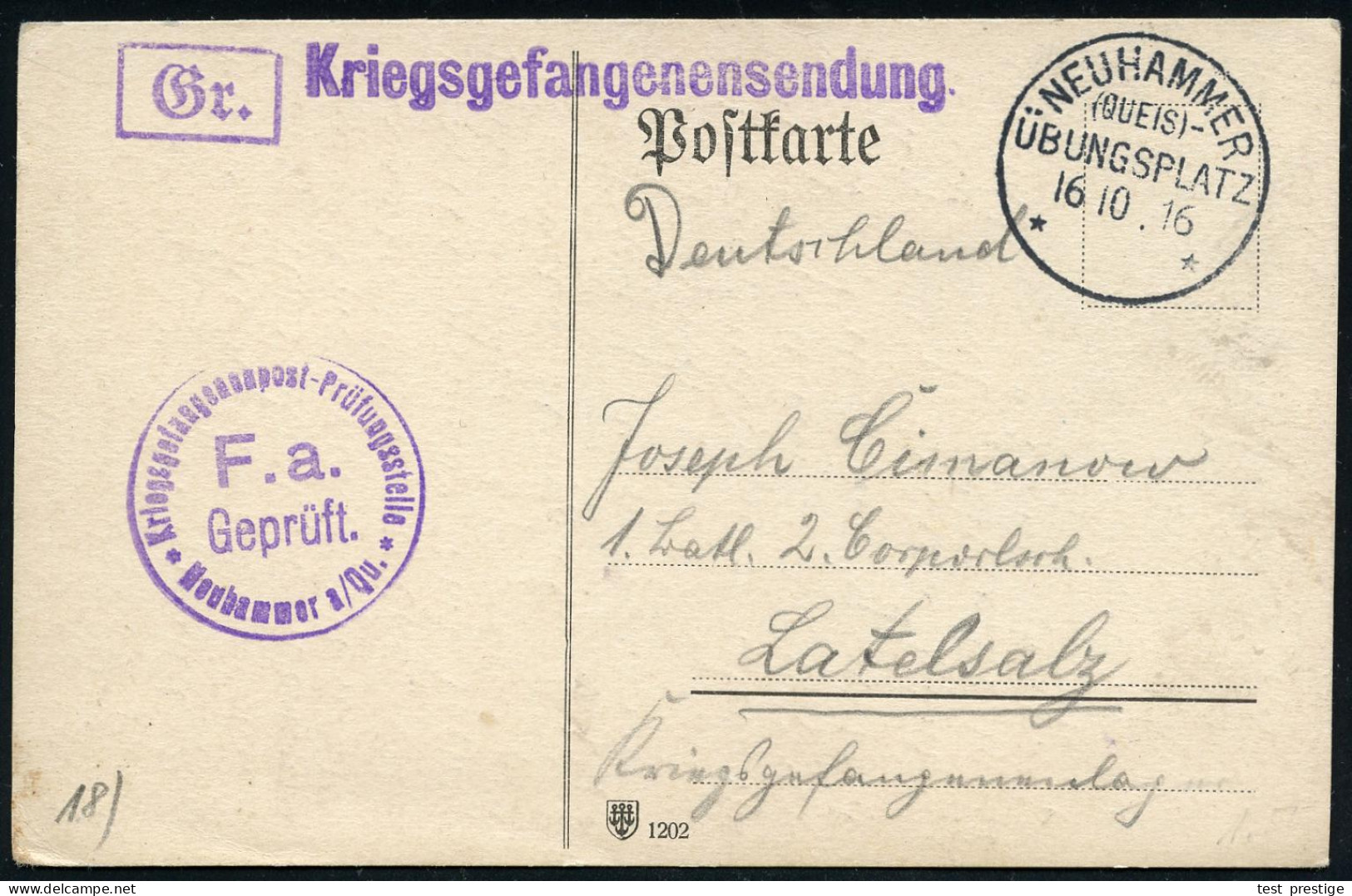 NEUHAMMER/ (QUEIS)/ ÜBUNGSPLATZ/ ** 1916 (16.10.) 1K Mit 2 Sternen = Hauspostamt Truppenübungsplatz + 1L: Kriegsgefangen - 1. Weltkrieg