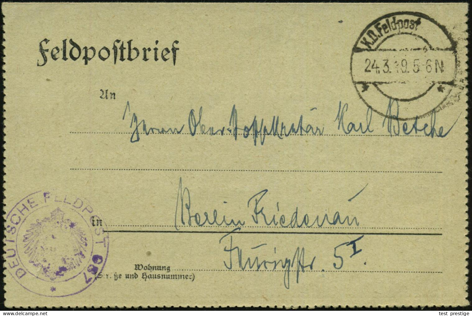 Glogau 1919 (24.3.) Aptierte 1K-Brücke: K. D. Feldpost/** + Viol. 2K-HdN: DEUTSCHE FELDPOST 987 (noch Mit Kaiseradler!)  - Andere & Zonder Classificatie