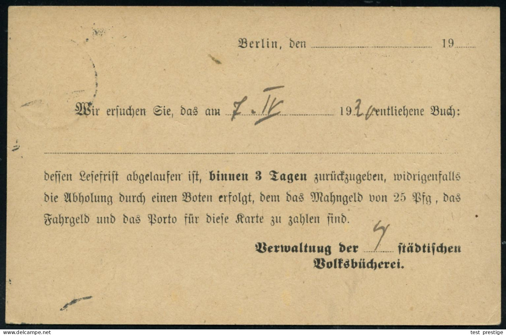 BERLIN S/ *42f 1920 (20.5.) 1K-Brücke Auf Amtl. P 10 Pf. Nat.Vers. + Amtl. Zudruck: Magistrat/der Stadt Berlin..Volksbüc - Andere & Zonder Classificatie