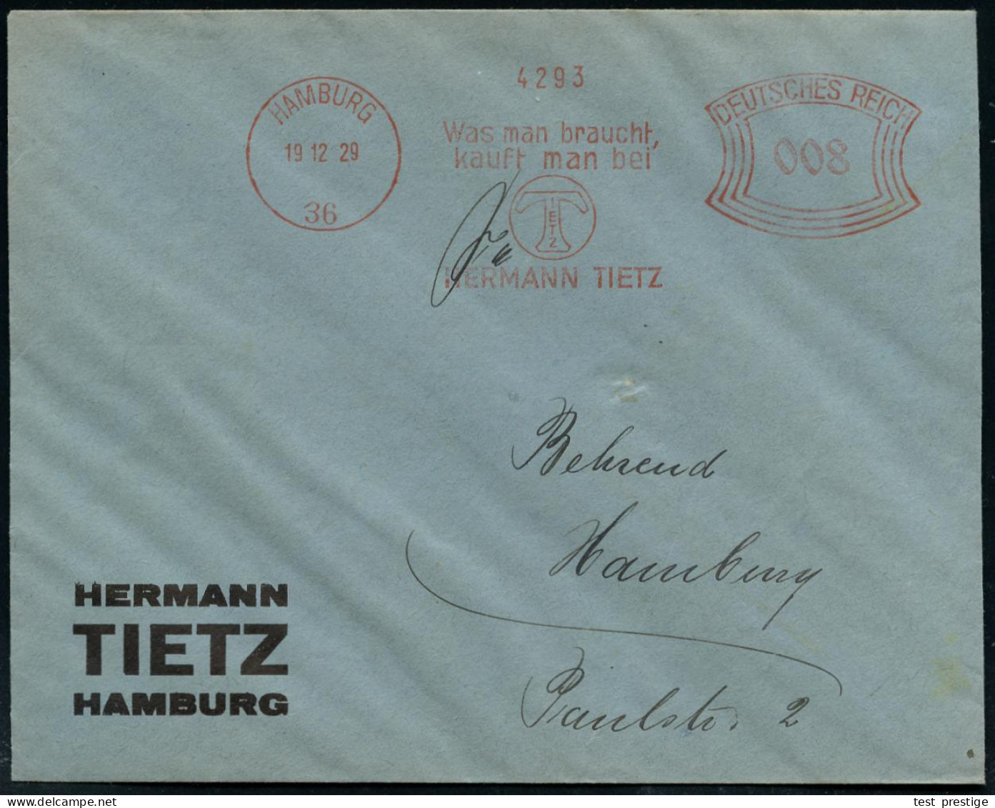 HAMBURG/ 36/ Was Man Braucht,/ Kauft Man Bei/ HERM.TIETZ 1929 (19.12.) AFS (Monogr.-Logo) Firmen-Bf., = Jüd. Kaufhauszor - Andere & Zonder Classificatie