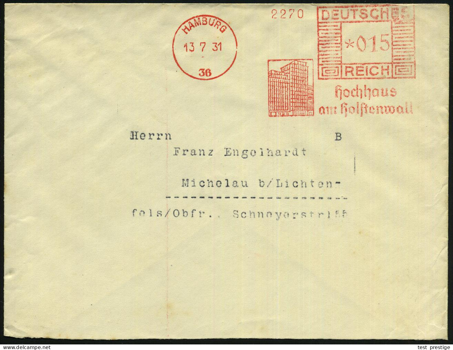 HAMBURG/ 36/ Hochhaus/ Am Holstenwall 1931 Dekorativer AFS Francotyp = Gewerkschafts-Hochhaus (der D.H.V. = Angestellten - Sonstige & Ohne Zuordnung