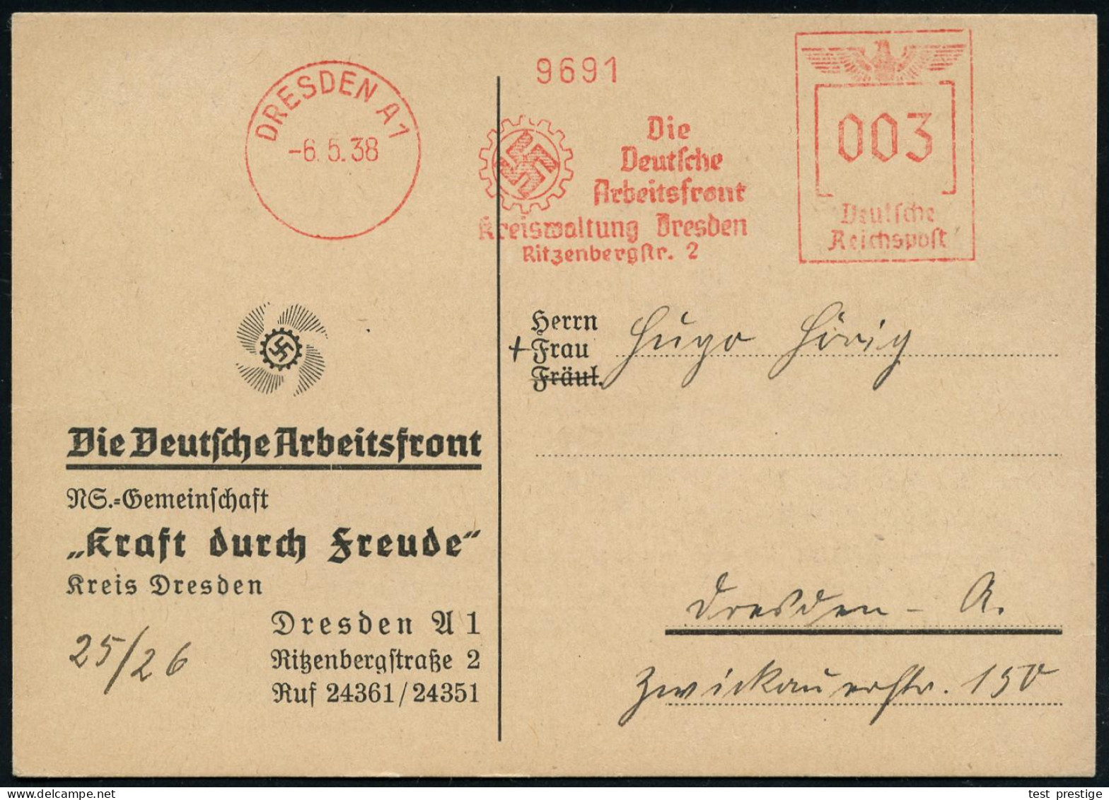 DRESDEN A1/ Die/ Deutsche/ Arbeitsfront/ Kreiswaltung Dresden.. 1938 (6.5.) AFS Francotyp (DAF-Logo: Hakenkreuz) Auf Die - Andere & Zonder Classificatie