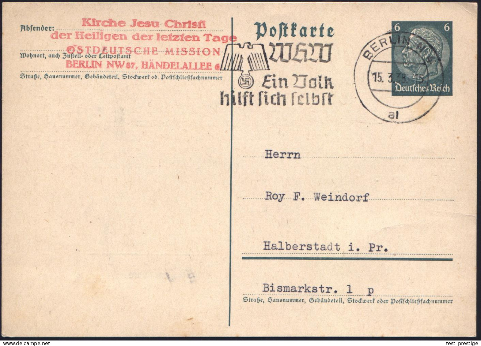 BERLIN N4/ Al/ WHW/ Ein Volk/ Hilft Sich Selbst 1938 (15.3.) MWSt (= WHW-Logo) + Roter Abs.-4L: Kirche Jesu Christi/ Der - Other & Unclassified