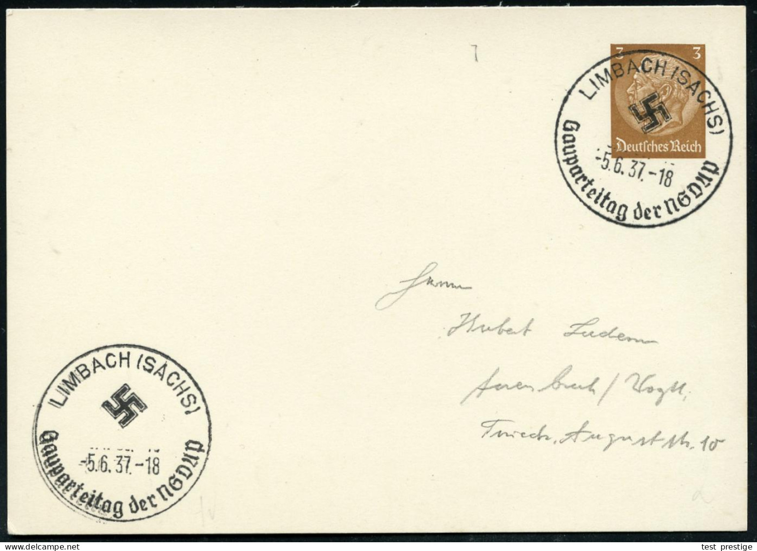 LIMBACH (SACHS)/ Gauparteitag Der NSDAP 1937 (5.6.) SSt (Hakenkreuz) Auf PP 3 Pf. Hindenbg. (blanco, Mi. PP 122/A 1) Kla - Autres & Non Classés