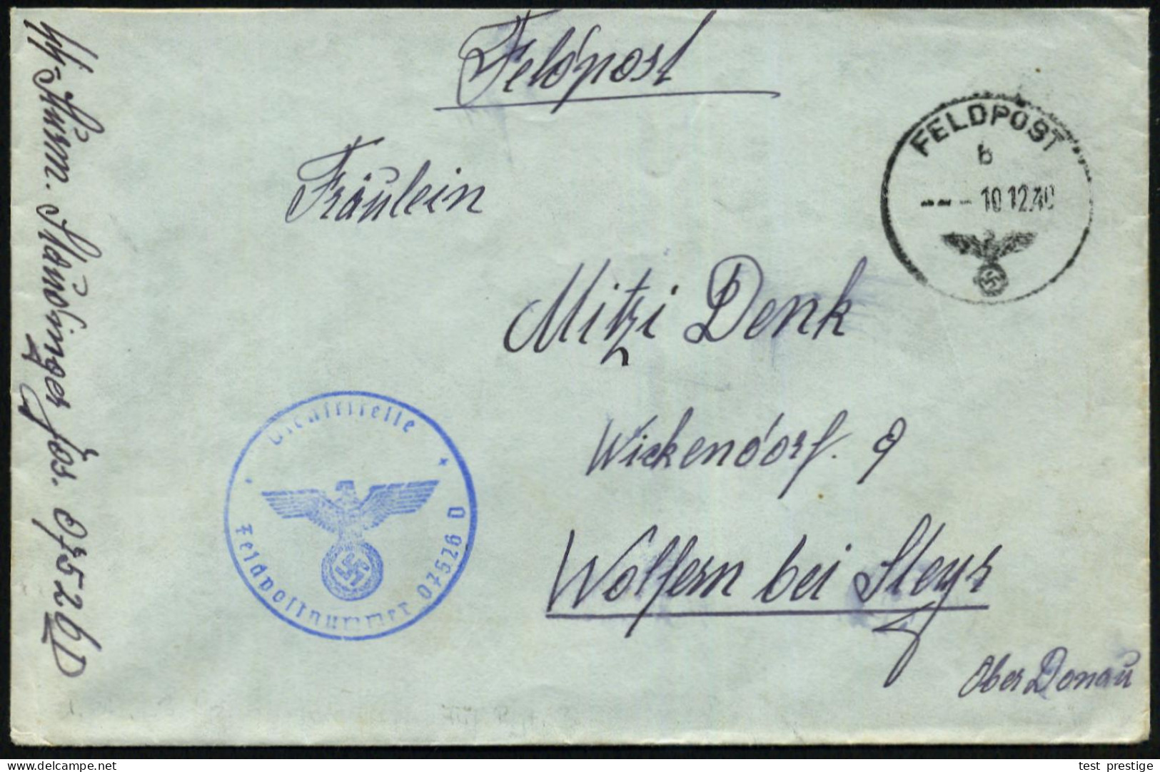 DEUTSCHES REICH 1940 (10.12.) 1K: FELDPOST/b/--- + Blauer 1K-HdN: Feldpostnr. 07526 D =  S S - Inf.-Rgt. 3  "T O T E N K - Andere & Zonder Classificatie