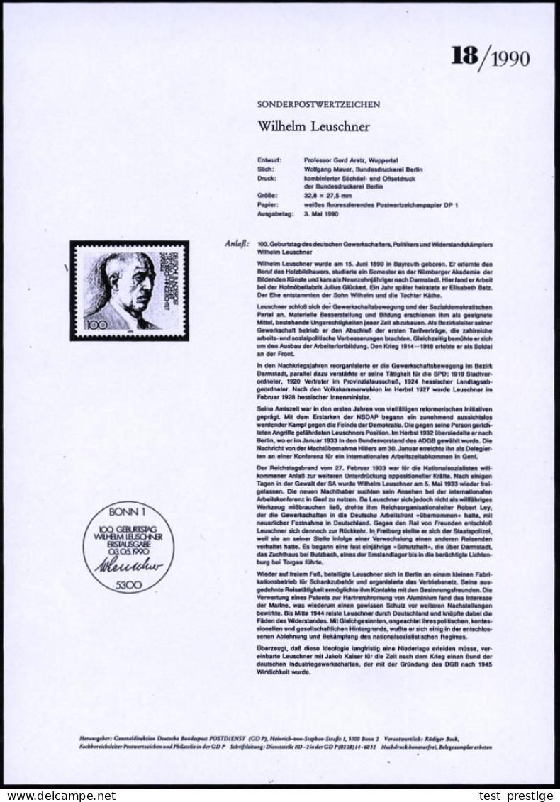 B.R.D. 1990 (Mai) 100 Pf. "100. Geburtstag Wilh. Leuschner" + Amtl. Handstempel  "M U S T E R" , Postfr. + Amtl. Ankündi - Other & Unclassified
