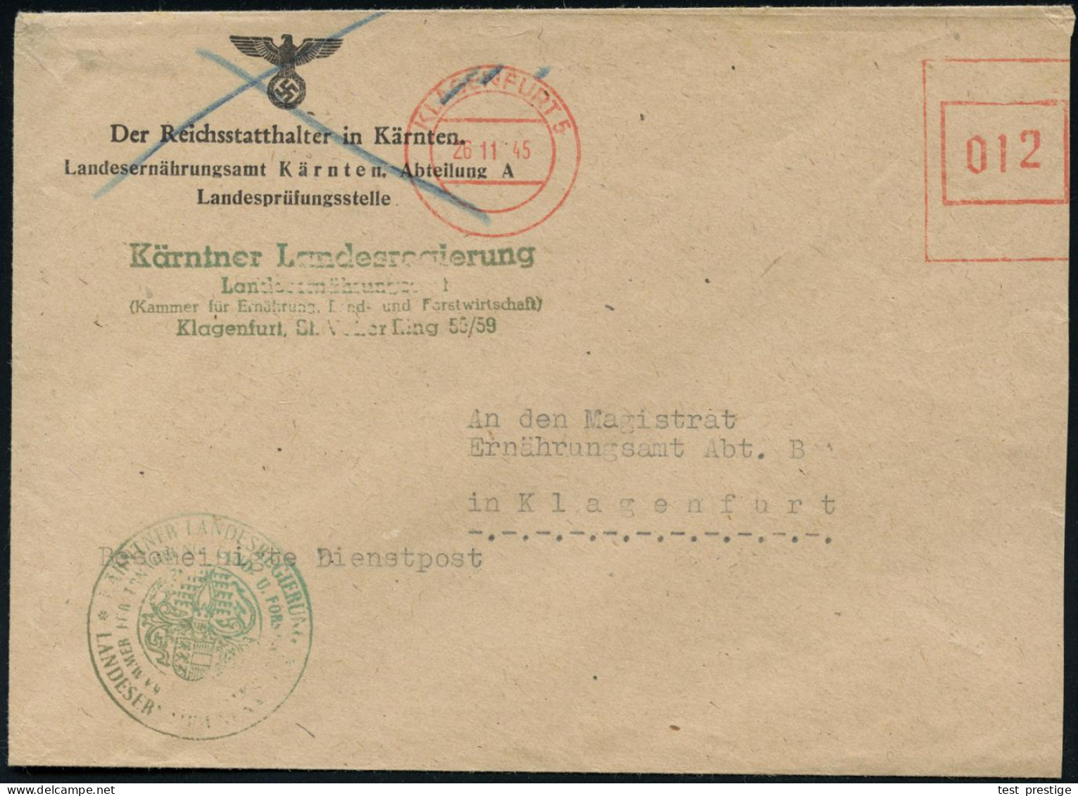 ÖSTERREICH 1945 (25.11.) Aptierter "Ostmark"-AFS Francotyp "Reichsadler": KLAGENFURT 5 = Reichsadler U. "Deutsches Reich - Andere & Zonder Classificatie