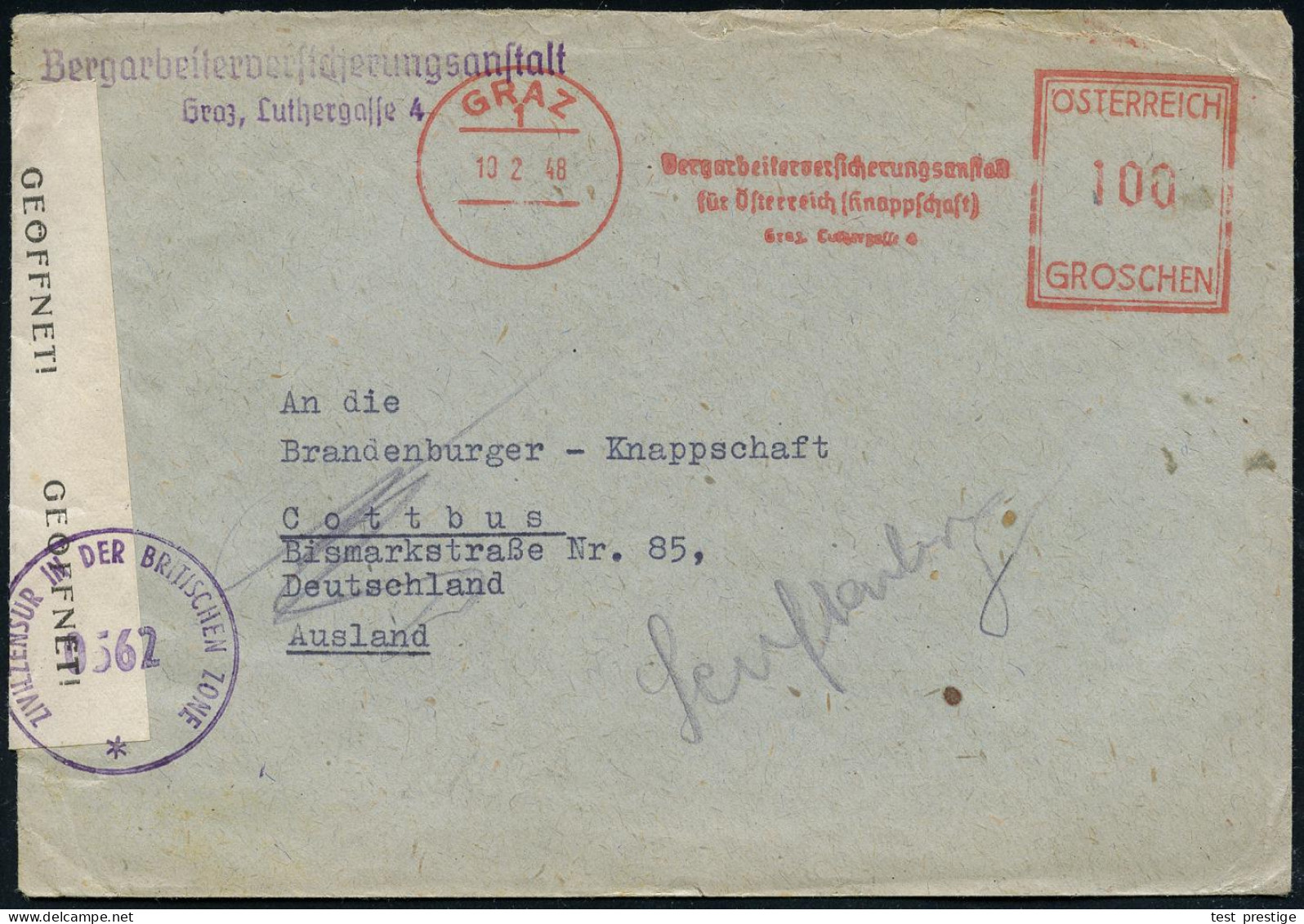 ÖSTERREICH 1948 (10.2.) Aptierter, Ehem. "Ostmark"-AFS Francotyp: GRAZ 1/Bergarbeiterversicherungsanstalt.. = Aus Dem Or - Other & Unclassified