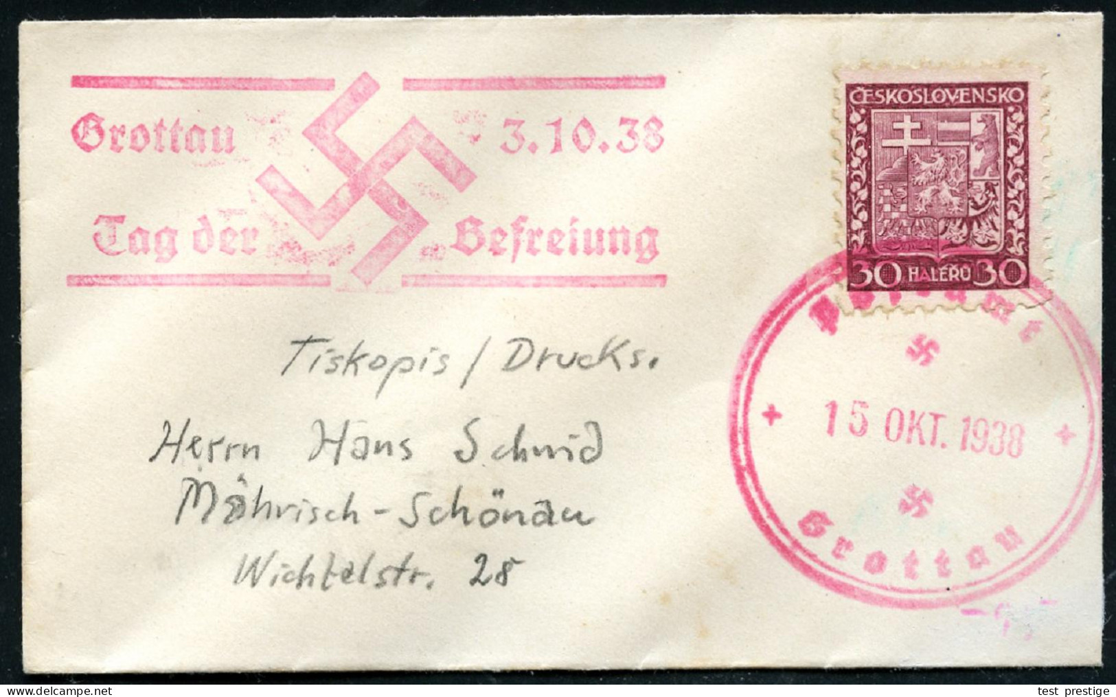 Postamt/ Grottau 1938 (15.10.) Roter 2K Mit 2 Hakenkreuzen Auf EF CSR 30 H. Freimarke + Roter HdN: Grottau 3.10.38/ Tag  - Sonstige & Ohne Zuordnung