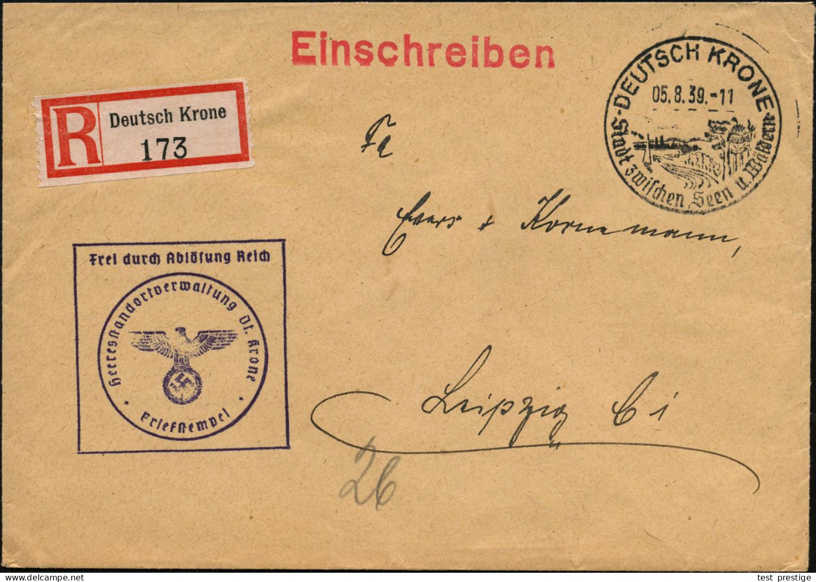 DEUTSCH KRONE/ Stadt Zw.Seen U.Wäldern 1939 (5.8.) HWSt + Viol.HdN: FdAR/Heeresstandortverwaltung Dt. Krone + RZ: Deutsc - Other & Unclassified