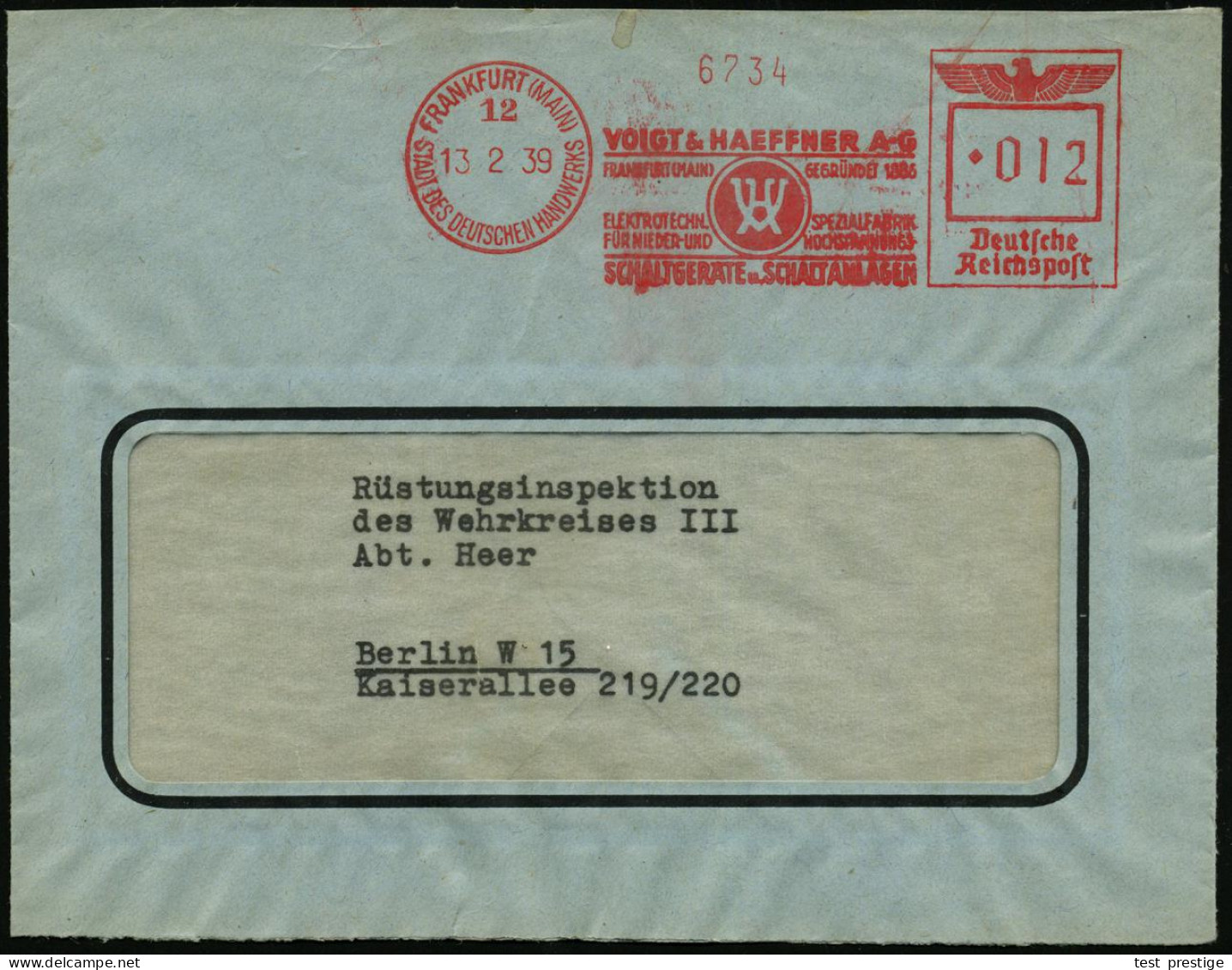 FRANKFURT (MAIN)/ 12/ SDDH/ VOIGT & HAEFFNER AG/ ELEKTROTECHN.SPEZIALFABRIK.. 1939 (13.2.) AFS Francotyp (Monogr.-Logo)  - Other & Unclassified