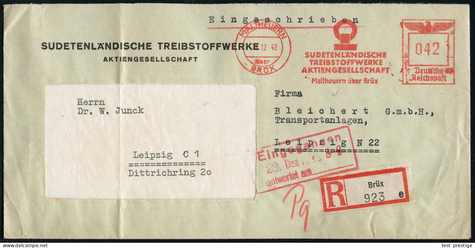 MALTHEUERN/ über/ BRÜX/ SUDETENDEUTSCHE/ TREIBSTOFFWERKE/ AG.. 1942 (21.12.) Seltener AFS Francotyp = PSt.I, 042 Pf. (Lo - Other & Unclassified