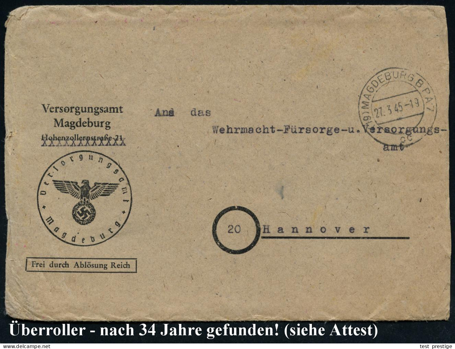 (19) MAGDEBURG BPA 7/ Cc 1945 (27.3.) 2K-Steg Auf Markenlosem Dienst-Bf.: Versorgungsamt Magdeburg/FdAR (NS-Adler) N. Ha - WW2