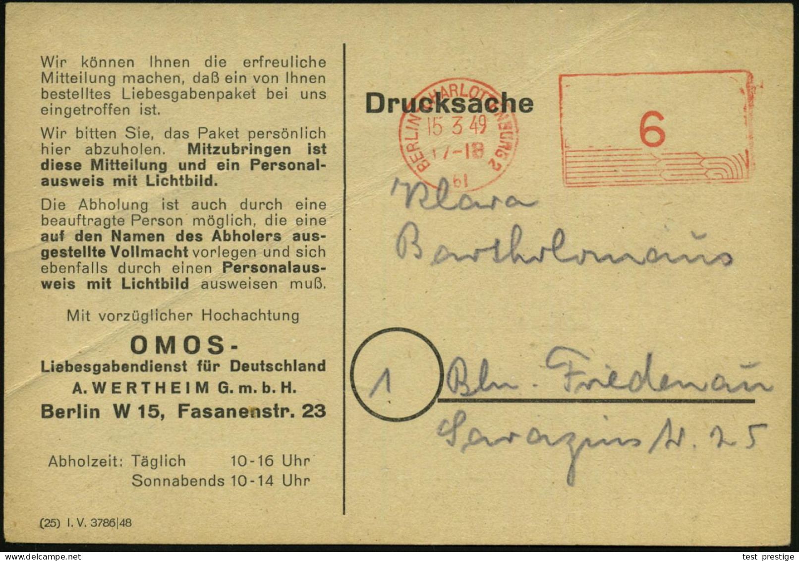 BERLIN-CHARLOTTENBURG 2/ Bl 1949 (17.3.) Aptierter PFS 6 Pf. = NS-Adler U. Hakenkreuz Entfernt (Dü.230) Klar Gest. OSMOS - WO2