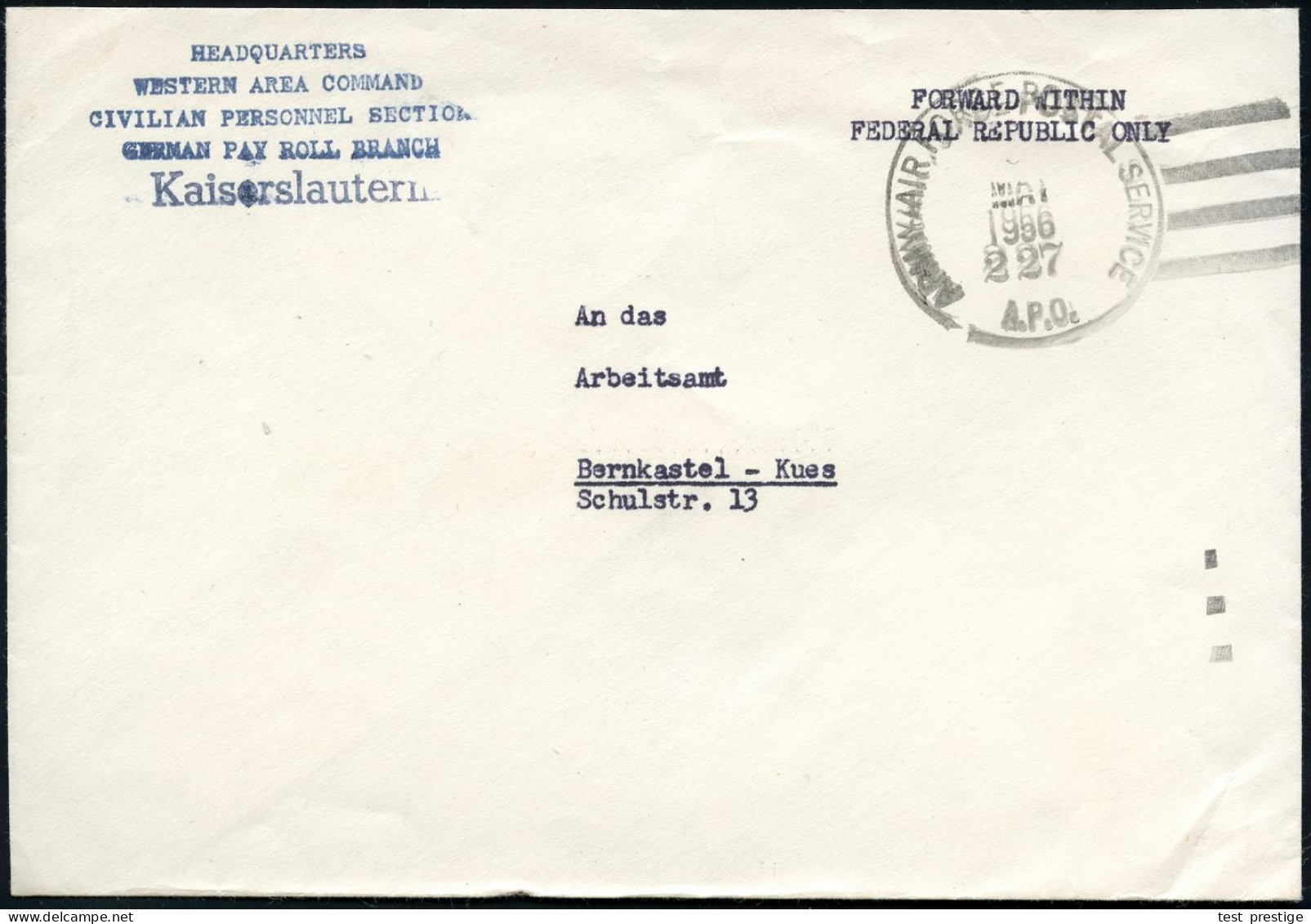 Kaiserslautern 1966 (Mai) 1K-Killer: ARMY AIRFORCE POSTAL SERVICE/227/A.P.O. + Blauer Abs.-5L: HEADQUARTERS/WESTERN AREA - WO2