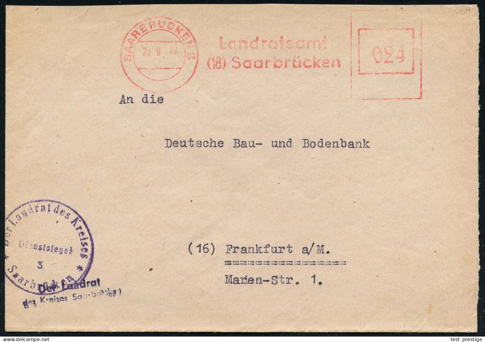 SAARBRÜCKEN 2/ Landratsamt/ (18) Saarbrücken 1947 (27.9.) Aptierter AFS Francotyp "Reichsadler" = Entfernt + Inschrift:  - Other & Unclassified