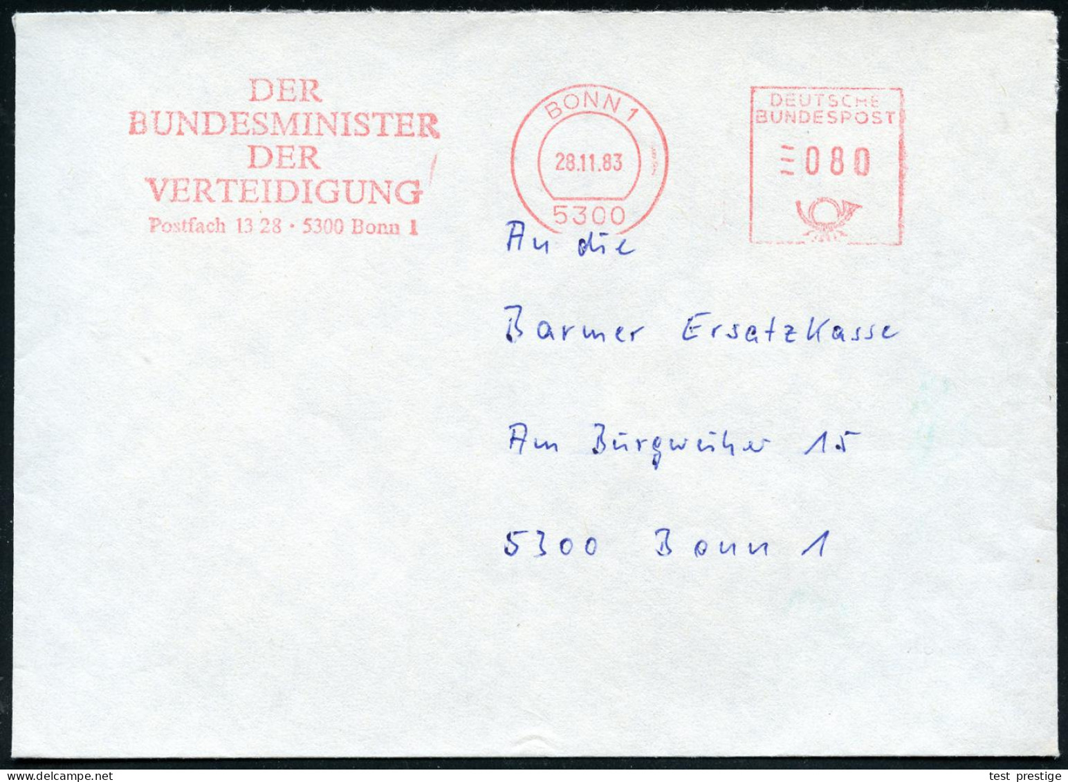 5300 BONN 1/ DER/ BUNDESMINISTER/ DER/ VERTEIDIGUNG 1983 (28.11.) AFS Pitney-Bowes Ohne Kennung ,rs. Abs.Vordruck., Orts - Other & Unclassified