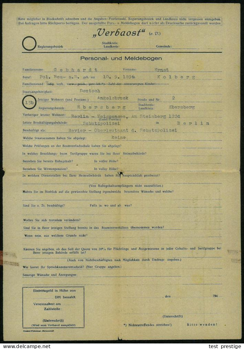 (13a) NÜRNBERG 2/ E 1949 (25.11.) PFS 6 Pf. Auf Falt-Bf. "Verbaost" Mit Inhalt: Fragebogen Eines Ehem. Schutzpolizisten  - Andere & Zonder Classificatie