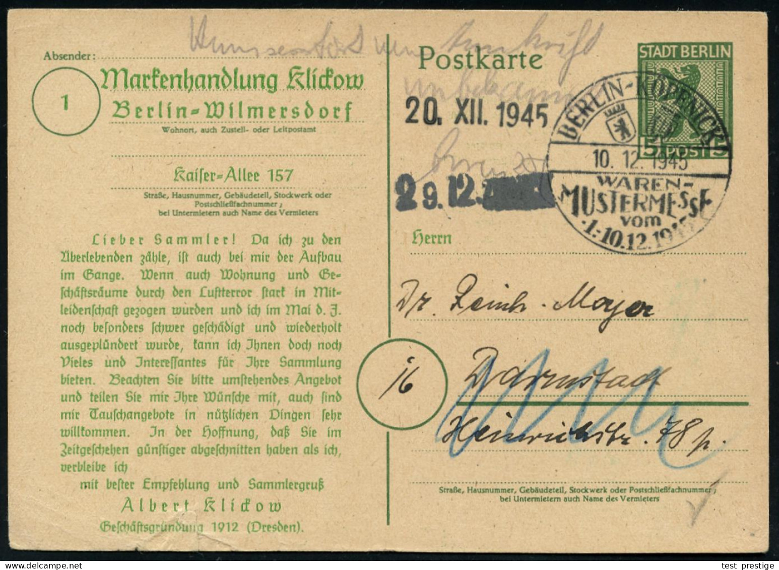BERLIN-KÖPENICK/ WAREN-/ MUSTERMESSE 1945 (10.12.) SSt Auf Inl.-P 5 Pf. "Stadt Berlin" (Bär) + Zudruck: Markenhandlung K - Other & Unclassified