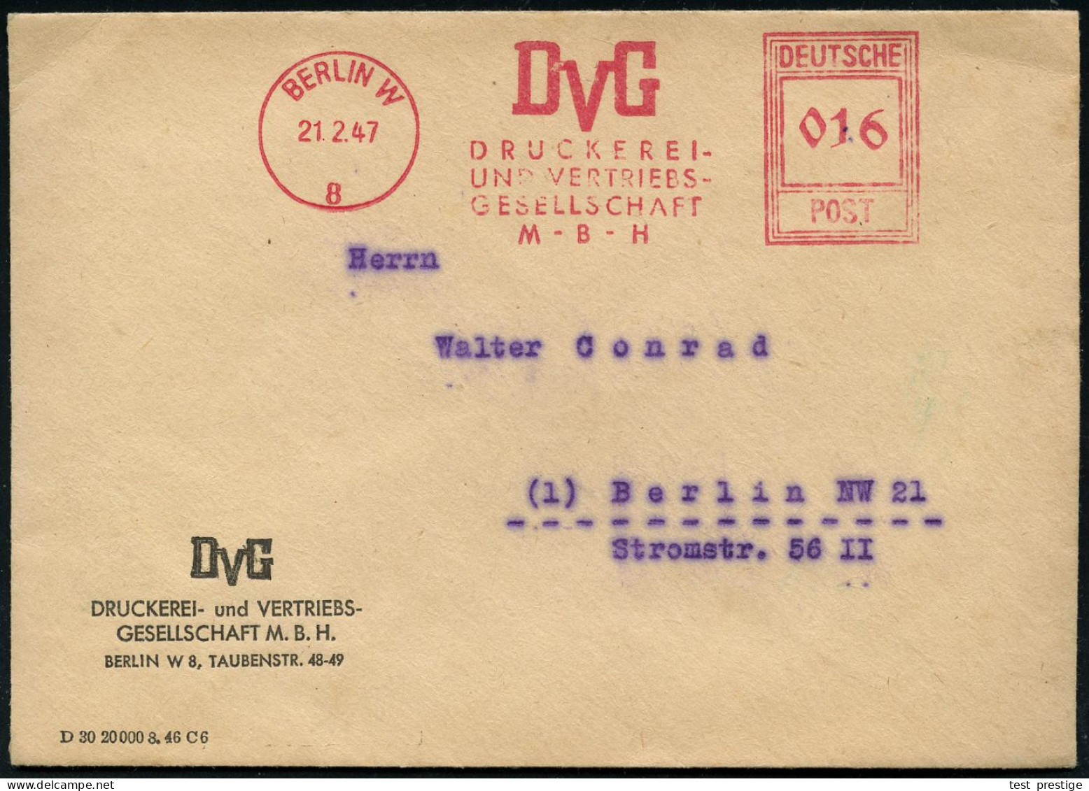 BERLIN W/ 8/ DVG/ DRUCKEREI-/ U.VERTRIEBS-/ GMBH 1947 (21.2.) AFS Francotyp "Hochrechteck" = Ost-Berlin , Orts-Firmen-Bf - Sonstige & Ohne Zuordnung