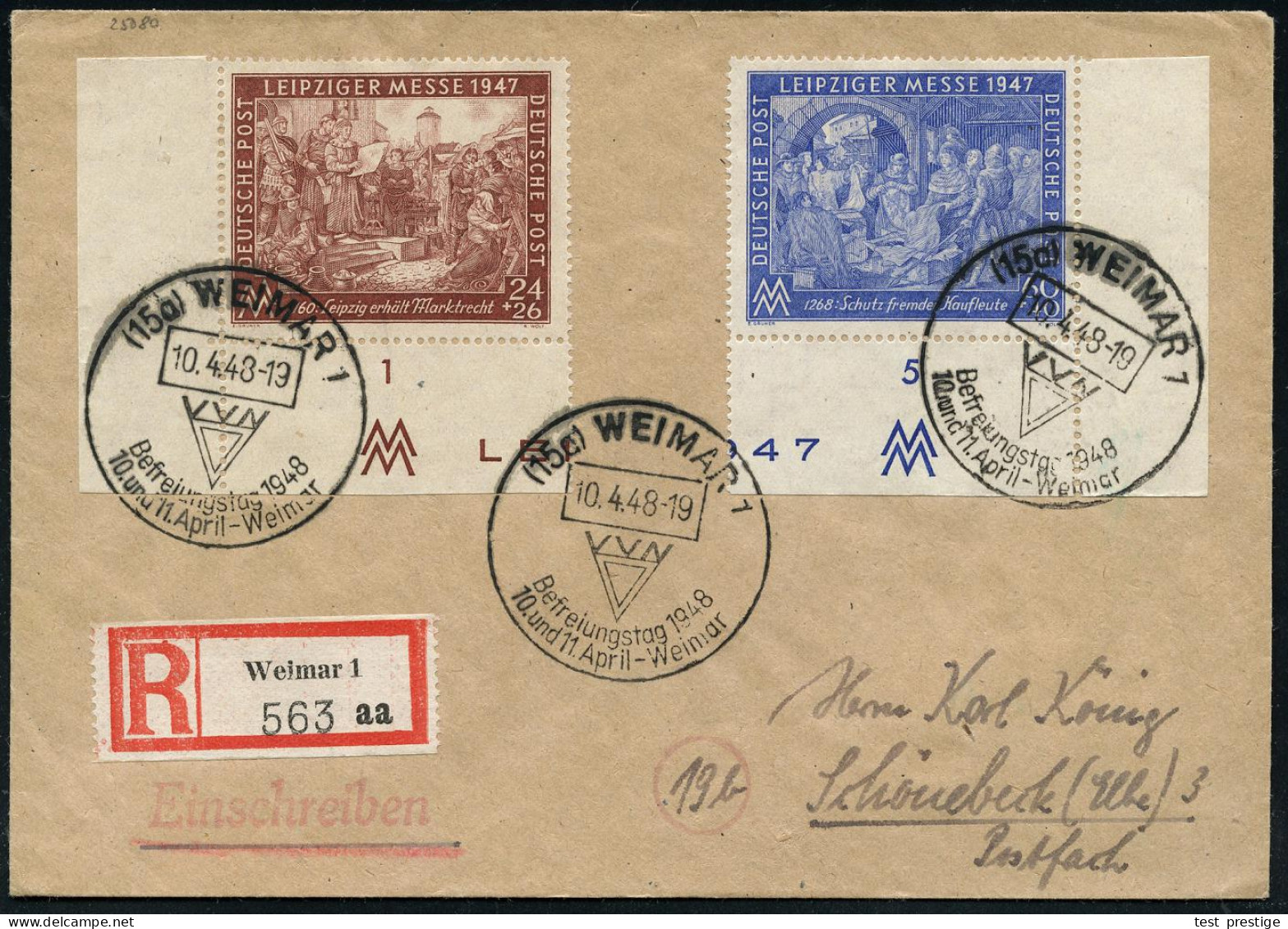 (15a) WEIMAR 1/ VVN/ Befreiungstag.. 1948 (10.4.) SSt (VVN-Logo) 3x Klar Auf Leipz. Messe-Satz (Mi.941/42) + RZ: Weimar  - Other & Unclassified