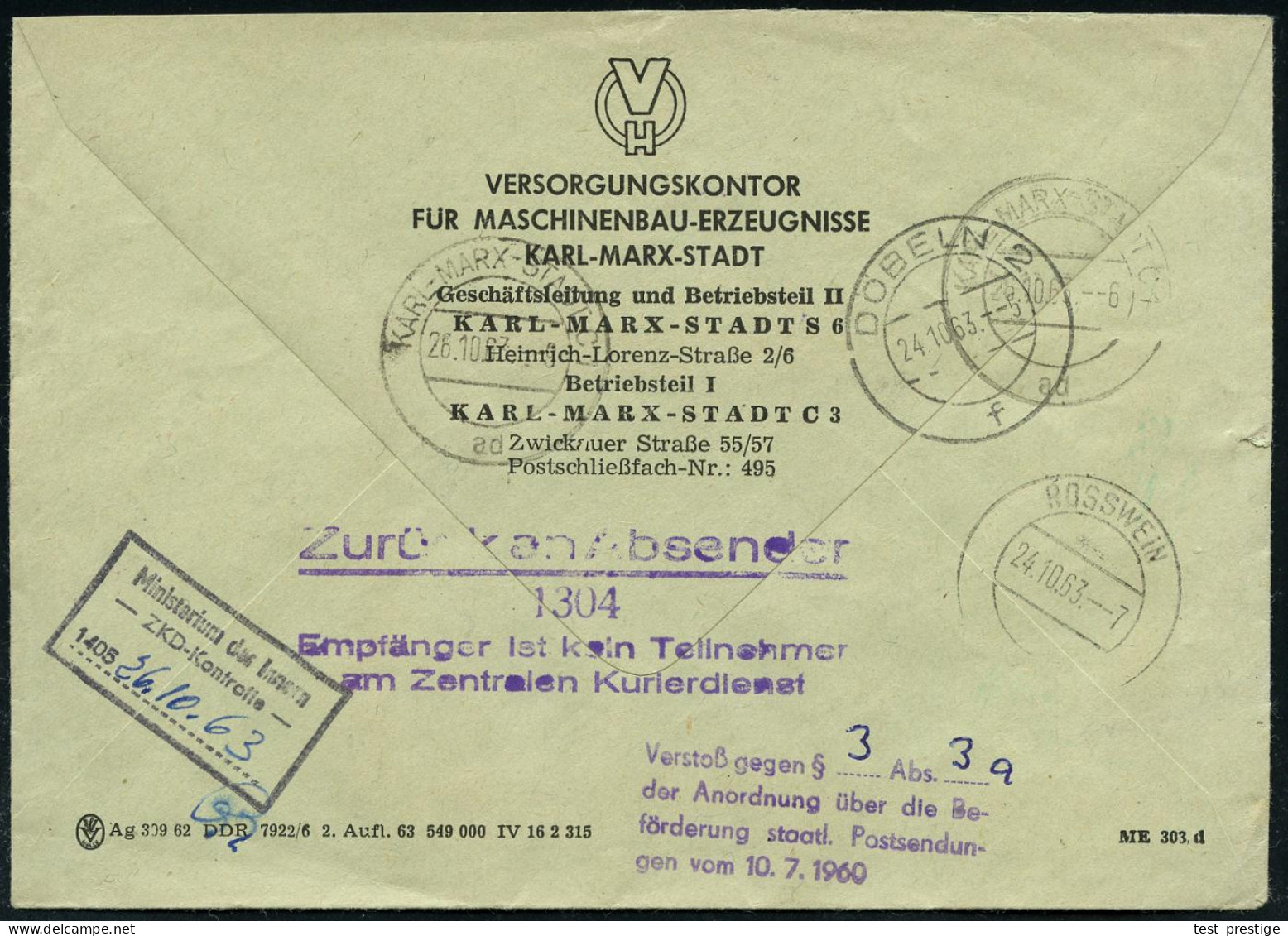 KARL-MARX-STADT C1/ Versorgungskontor/ Für/ Maschinenbau-/ Erzeugniss../ ZKD 19663 (23.10.) Lila ZKD-AFS Francotyp + 2 V - Andere & Zonder Classificatie