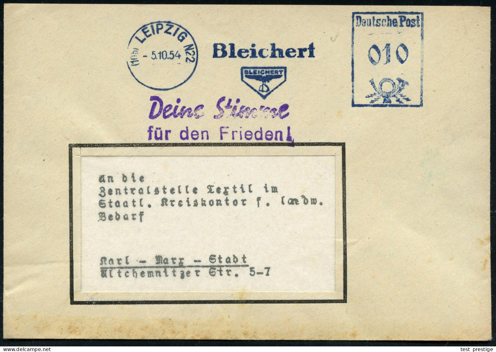 (10b) LEIPZIG N 22/ Bleichert.. 1954 (5.10.) Blauer AFS Francotyp = DDR-Dienstfarbe + Amtl., Viol. Proaganda-2L: Deine S - Sonstige & Ohne Zuordnung