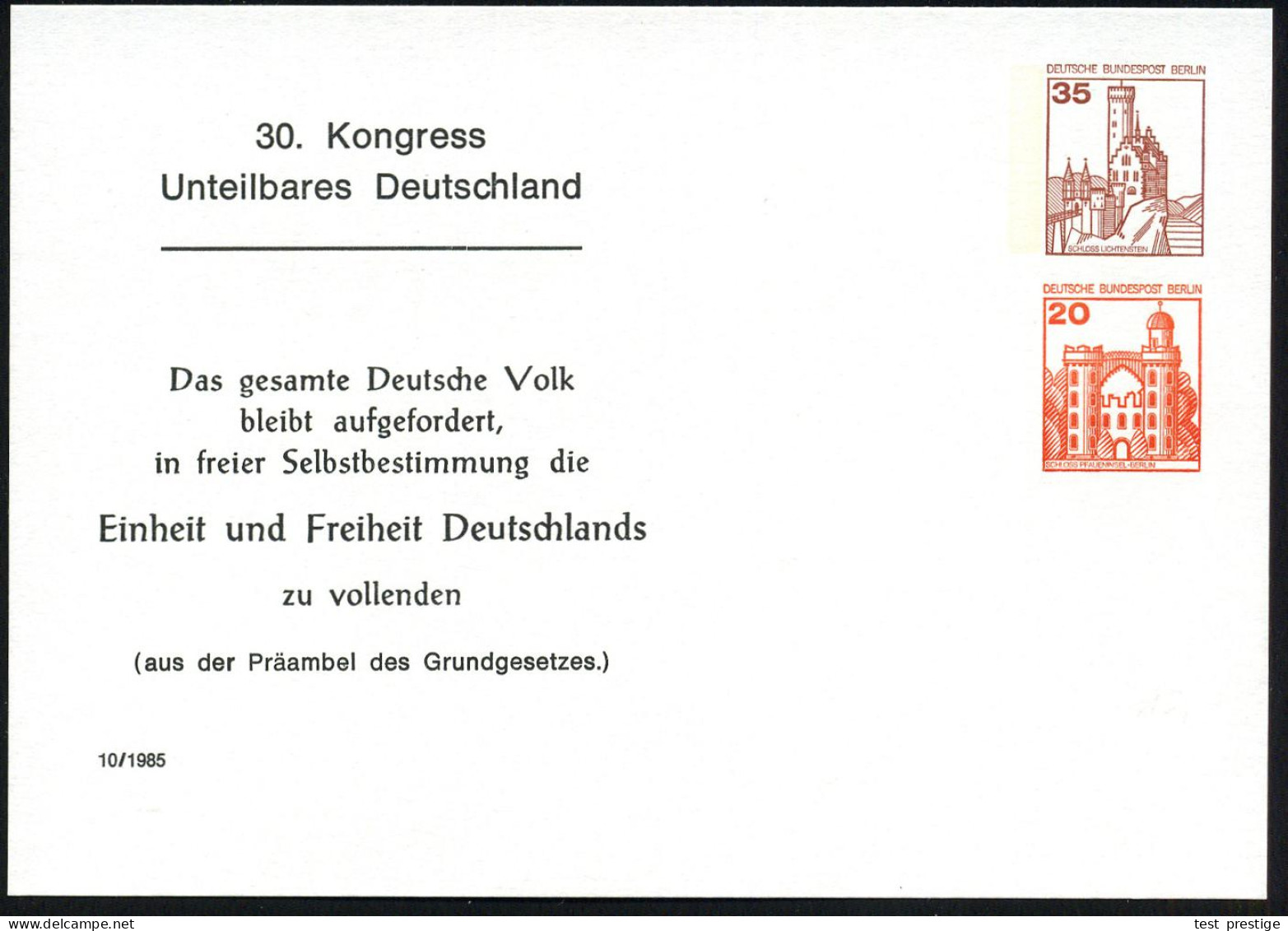 BERLIN 1985 PP 35 Pf. + 20 Pf. Burgen: 30. Kongreß Unteilbares Deutschland Mit Grundgesetz-Zitat (Präambel) Ungebr. (Mi. - Sonstige & Ohne Zuordnung