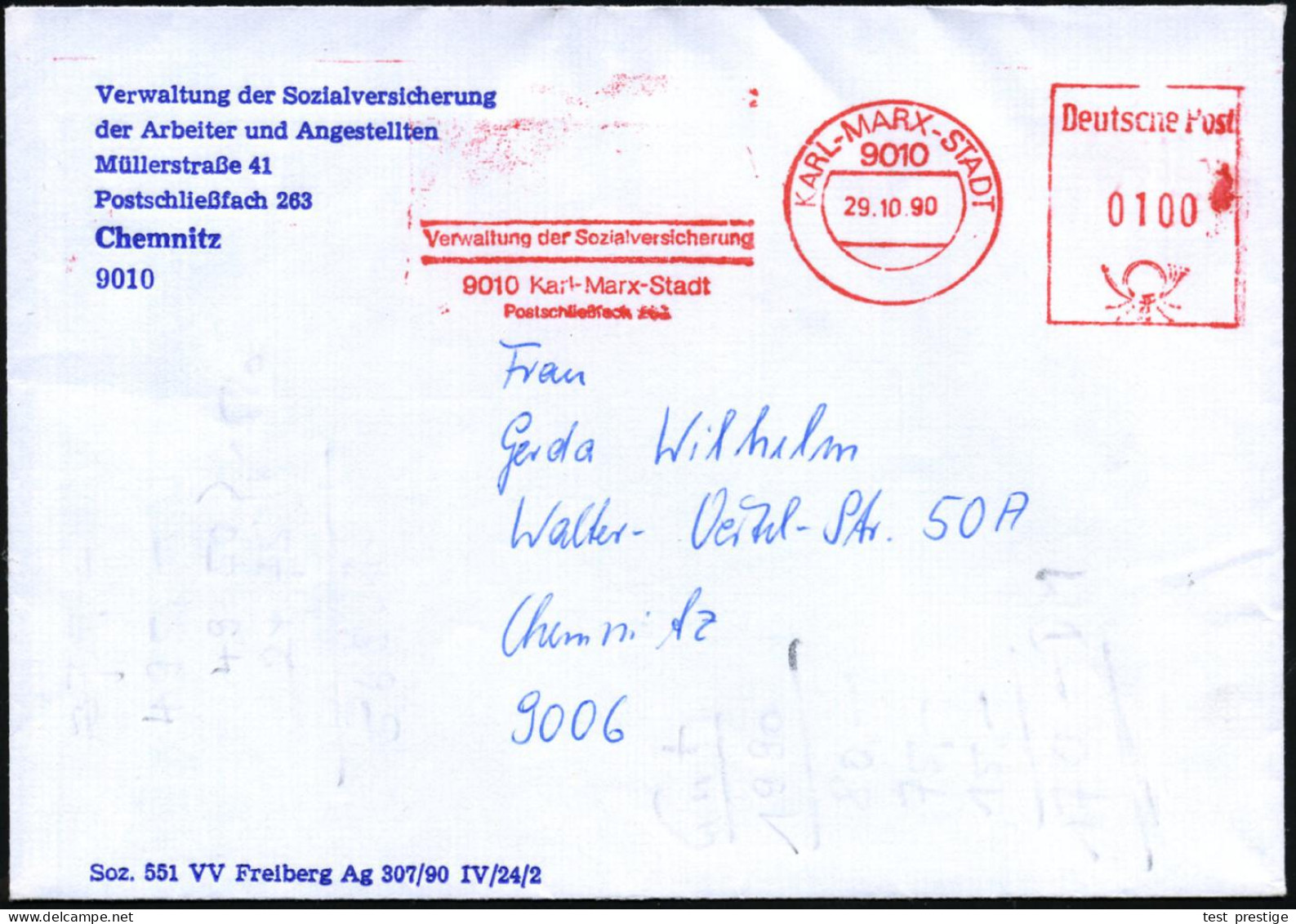 9010 KARL-MARX-STADT/ Verwaltung D.Sozialversicherung/ 9010 Karl-Marx-Stadt 1990 (29.10.) Aptierter AFS Postalia = FDGB  - Andere & Zonder Classificatie