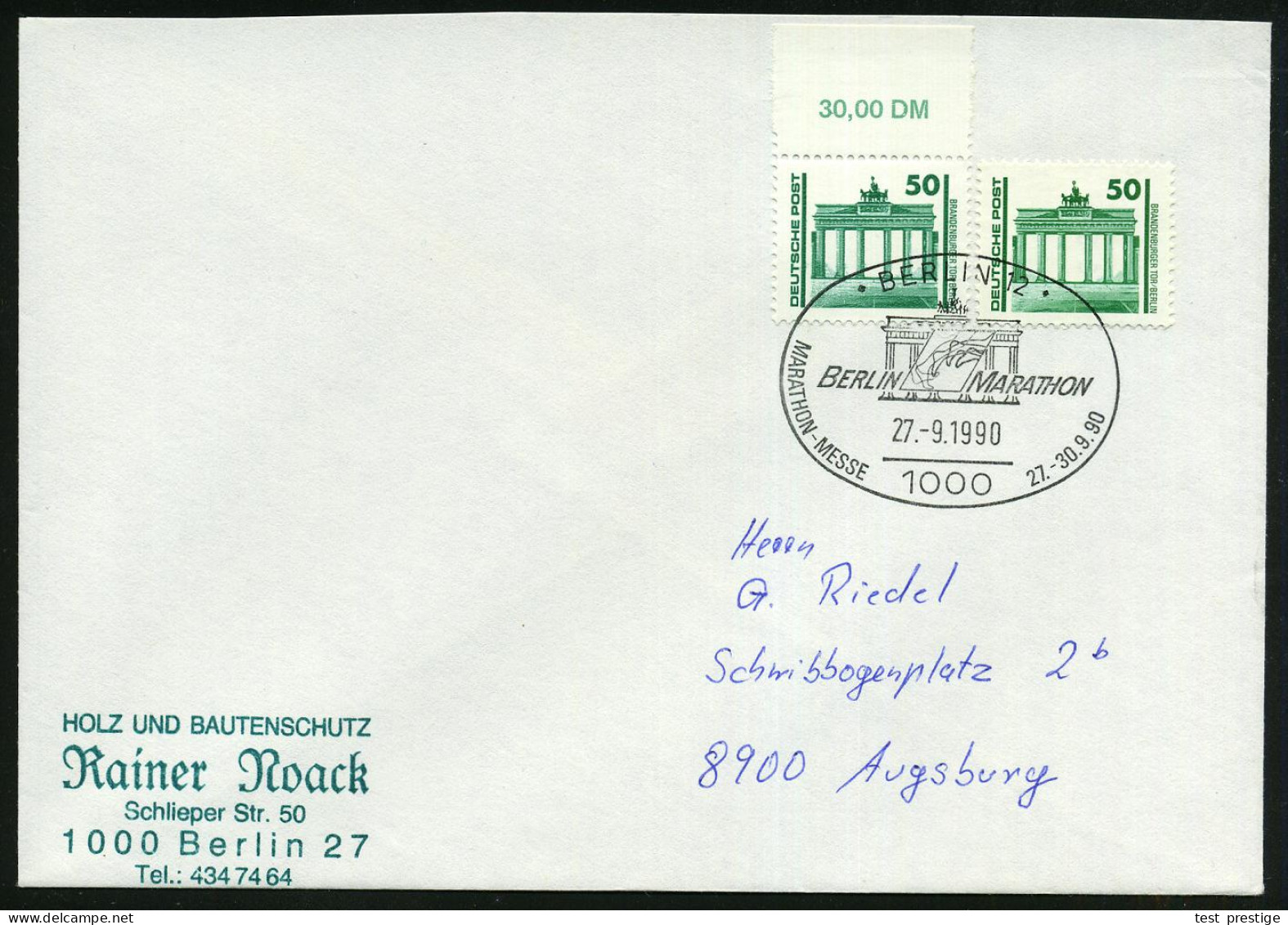 1000 BERLIN 12/ BERLIN MARATHON.. 1990 (27.9.) SSt = Brandenbg. Tor Auf Motivgl. 50 Pf. Brandenbg.Tor VGO , 2x  (1x Ober - Monumenten