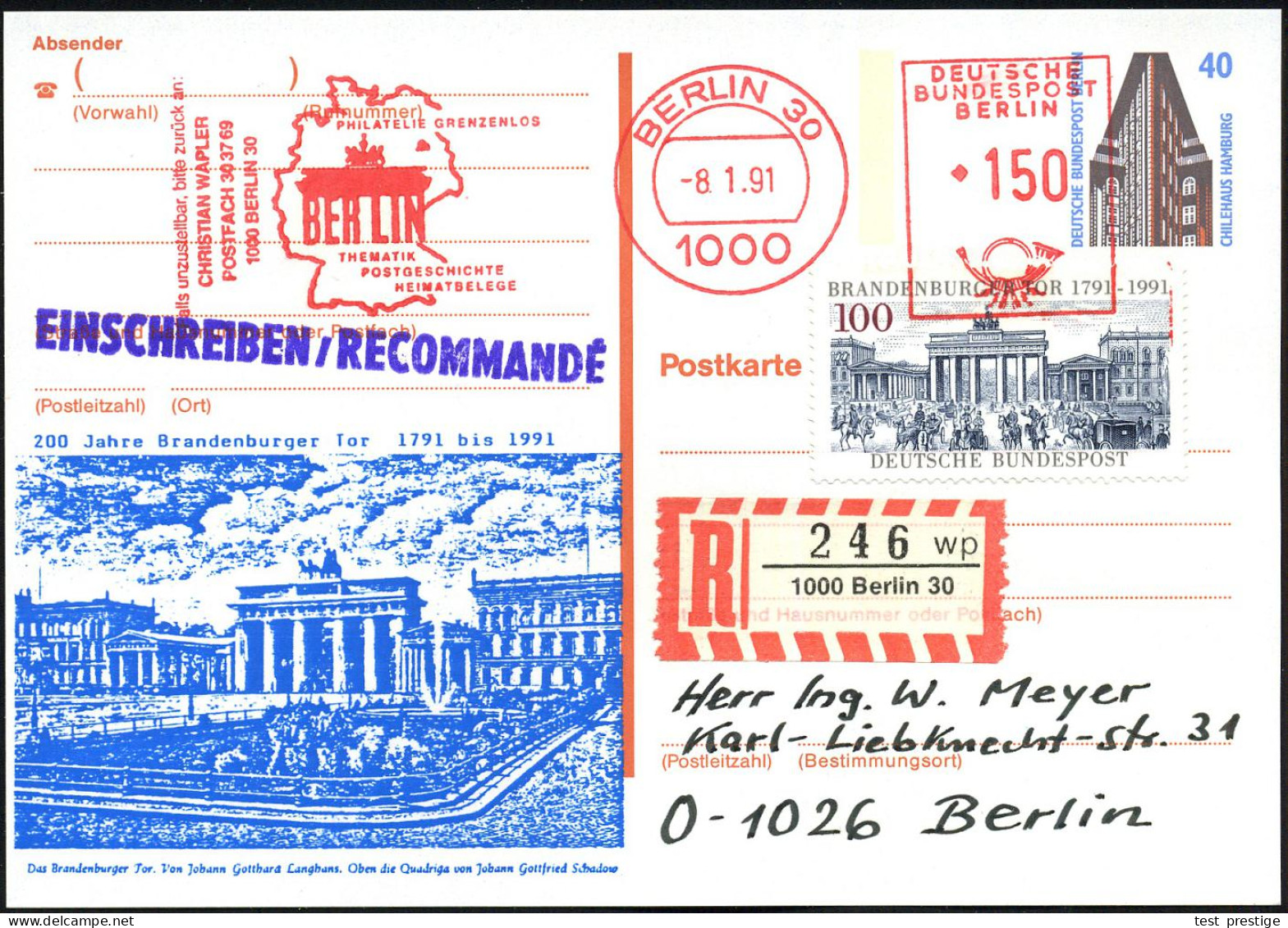 1000 BERLIN 30/ PHILATELIE GRENZENLOS/ BERLIN.. 1991 (8.1.) AFS Francotyp 150 Pf. = Brandenbg. Tor Als VE Auf Amtl. P 40 - Denkmäler