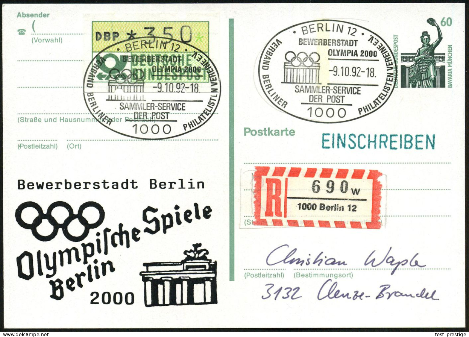 1000 BERLIN 12/ BEWERBERSTADT/ OLYMPA 2000... 1992 (9.10.) SSt = Brandenbg. Tor Mit Olympia-Ringen Auf P 60 Pf. Bavaria  - Monumenten