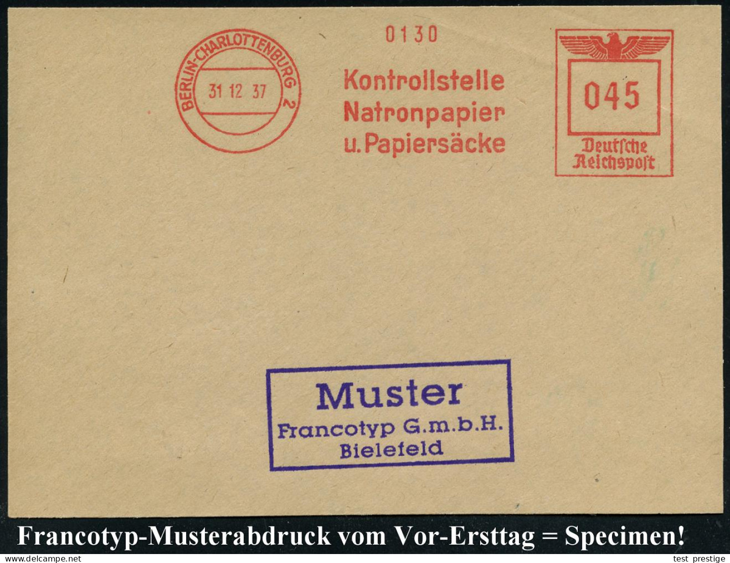 BERLIN-CHARLOTTENBURG 2/ Kontrollstelle/ Natronpapier/ U.Papiersäcke 1937 (31.12.) AFs-Muster Francotyp "Reichsadler" ,  - Andere