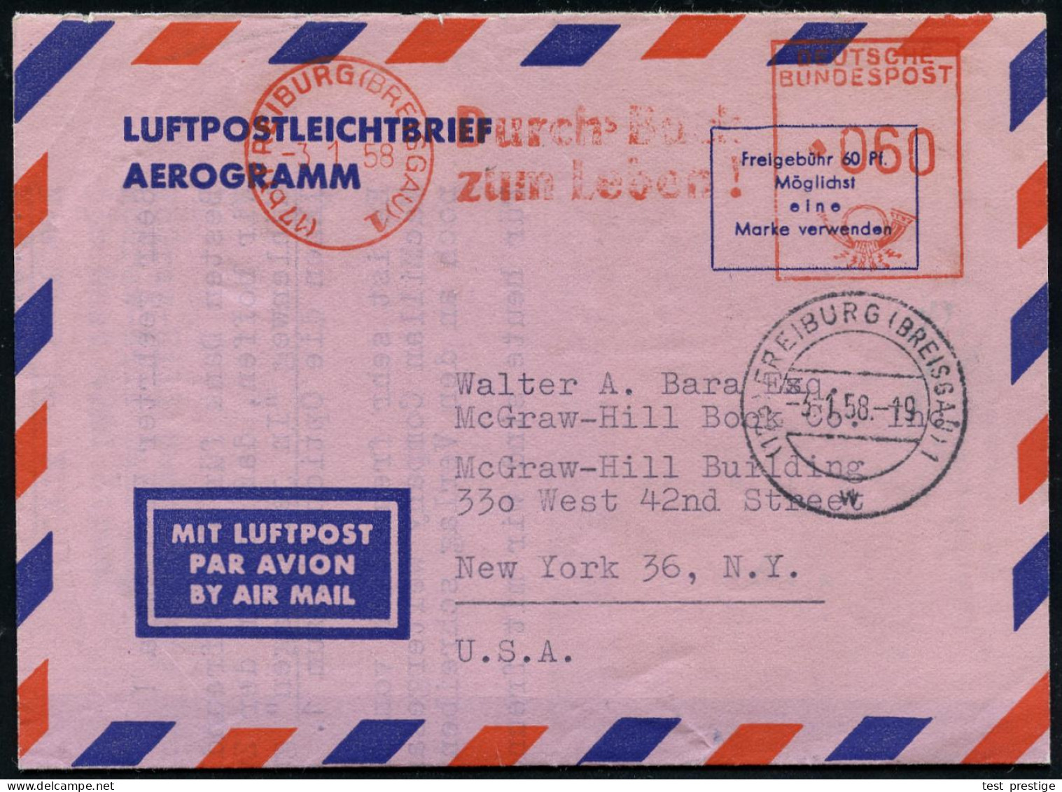 (17b) FREIBURG (BREISGAU) 1/ Durch Buch/ Zum Leben! 1958 (3.1.) AFS Francotyp 060 Pf. = Herder-Verlag , Übersee-Aerogram - Other