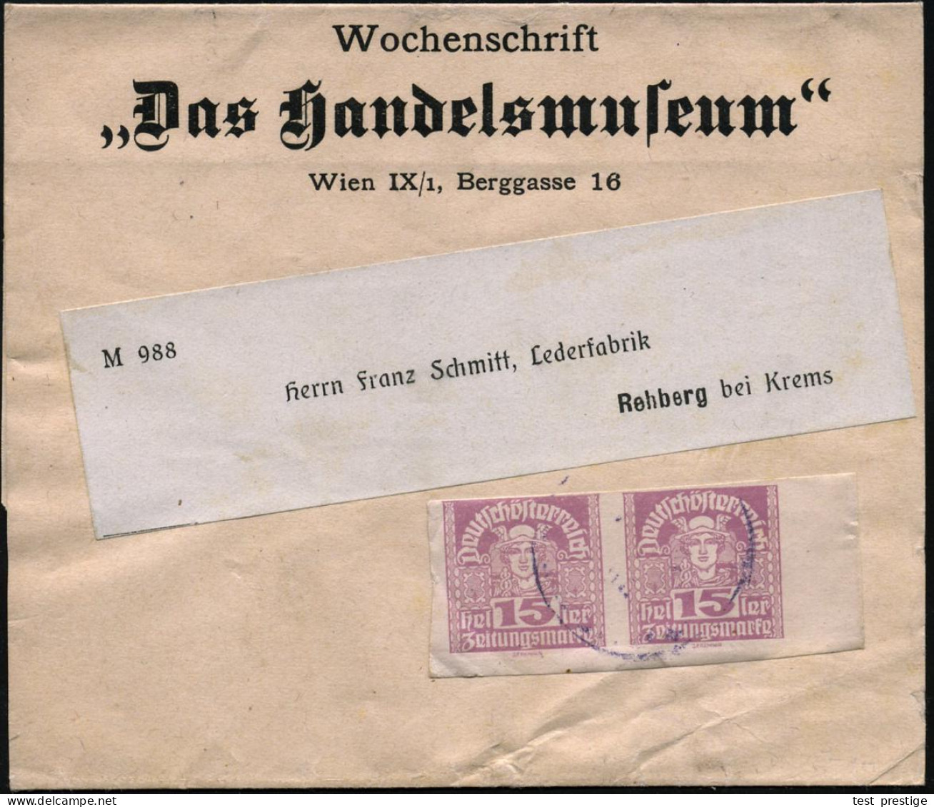 ÖSTERREICH 1921 Zeitungsmarke 15 H. Merkur, Lilagrau, Paar Auf Inl.-Zeitungs-Sb.: Wochenschrift, "Das Handelsmuseum" Wie - Andere