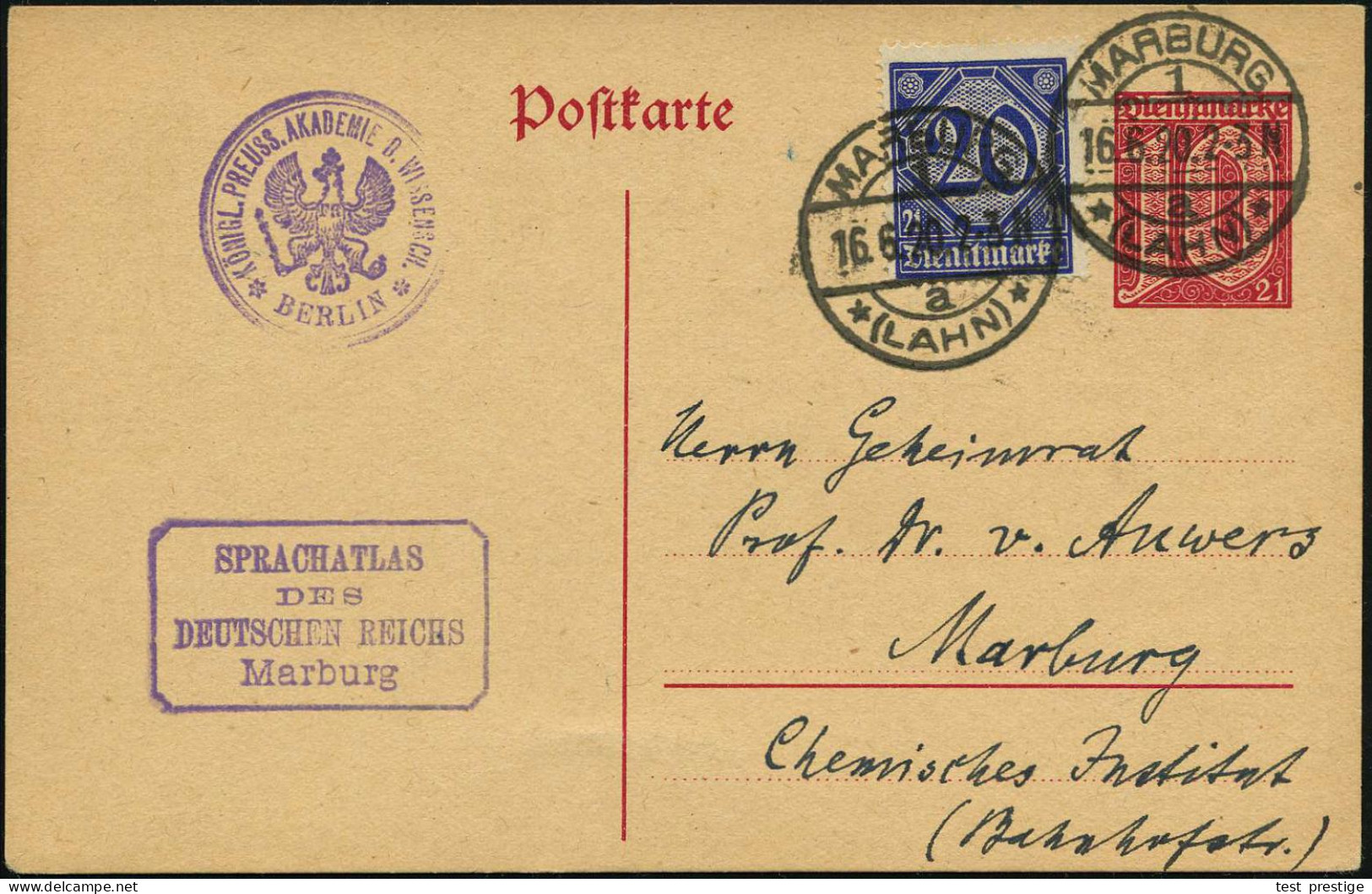 MARBURG/ 1/ *(LAHN)* 1920 (16.6.) 1K-Brücke Auf Dienst-P. 10 Pf. +  Dienst 20 Pf. + HdN: SPRACHATLAS/DES/DEUTSCHEN REICH - Other