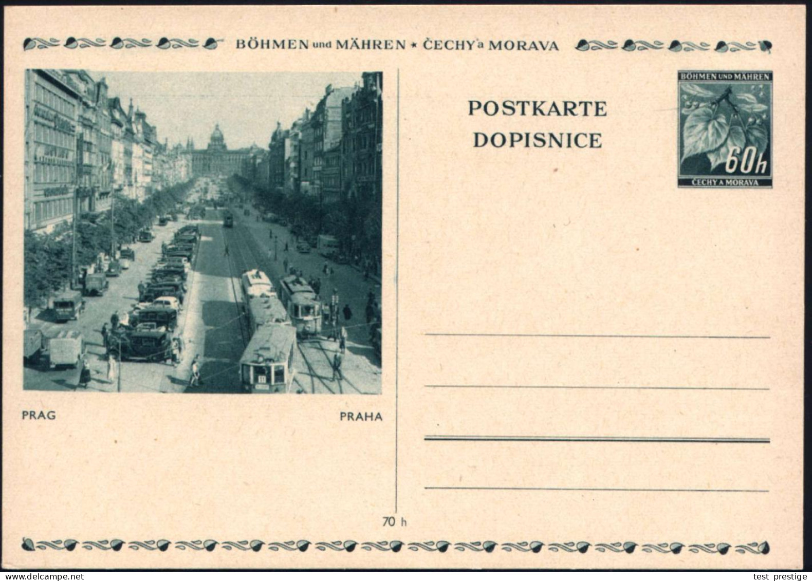 BÖHMEN & MÄHREN 1939 60 H. BiP, Blaugrün: Prag, Wenzelsplatz, Trambahnen Linie 11 (+ LKW, PKW, Linksverkehr!) Ungebr. (M - Tram