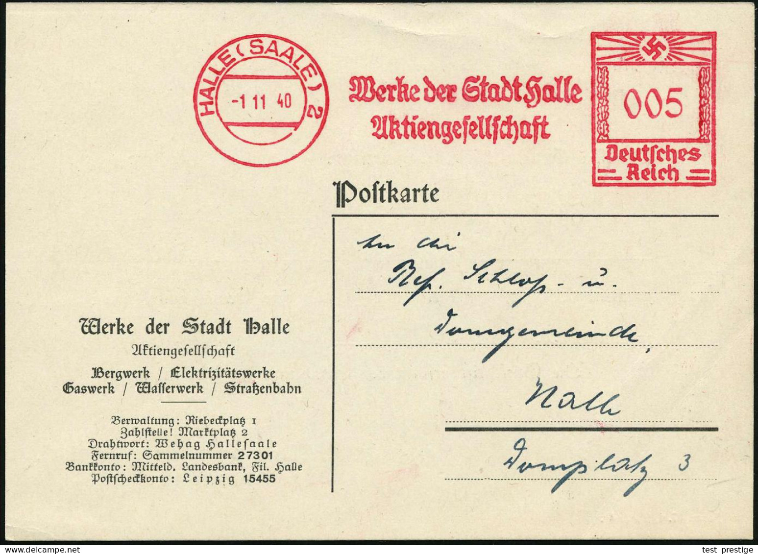 HALLE (SAALE) 2/ Werke Der Stadt Halle/ AG 1940 (1.11.) AFS Francotyp Auf Kommunal-Kt.: Werke Der Stadt Halle.. Bergwerk - Other & Unclassified