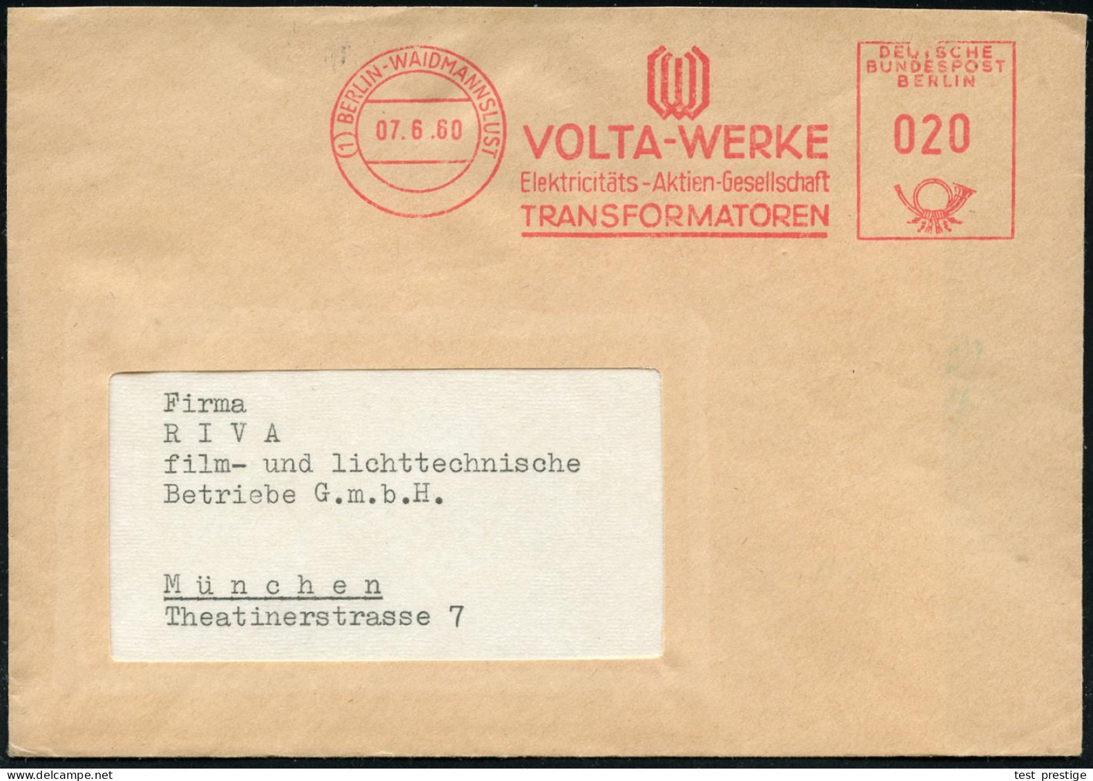 (1) BERLIN-WAIDMANNSLUST/ VOLTA-WERKE/ ..TRANSFORMATOREN 1953/60 2 Verschied. AFS Francotyp = Je Monogr.-Logo "VW" , Je  - Elektrizität