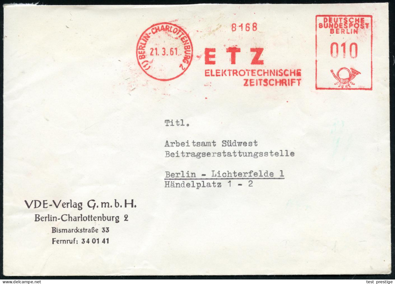 (1) BERLIN-CHARLOTTENBURG 2/ ETZ/ ELEKTRONISCHE/ ZEITSCHRIFT 1961 (21.3.) AFS Francotyp = Alte B-Maschine! Auf Firmen-Bf - Elektrizität